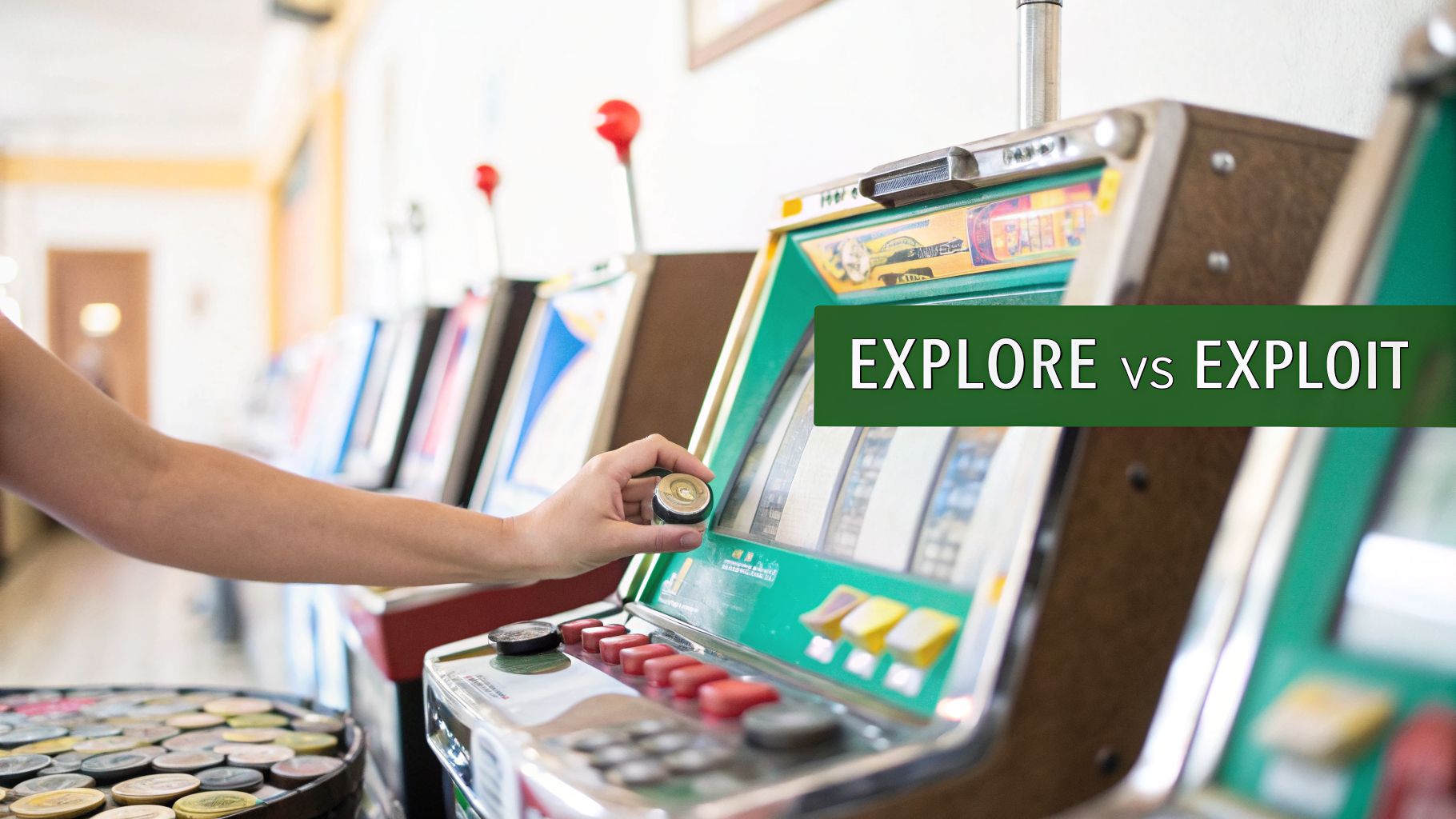 A person's hand inserts a coin into a slot machine, with others blurred in the background.