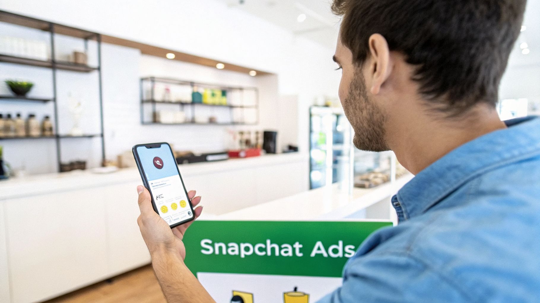A man holds a smartphone displaying an app, looking at a green Snapchat Ads sign in a modern store.
