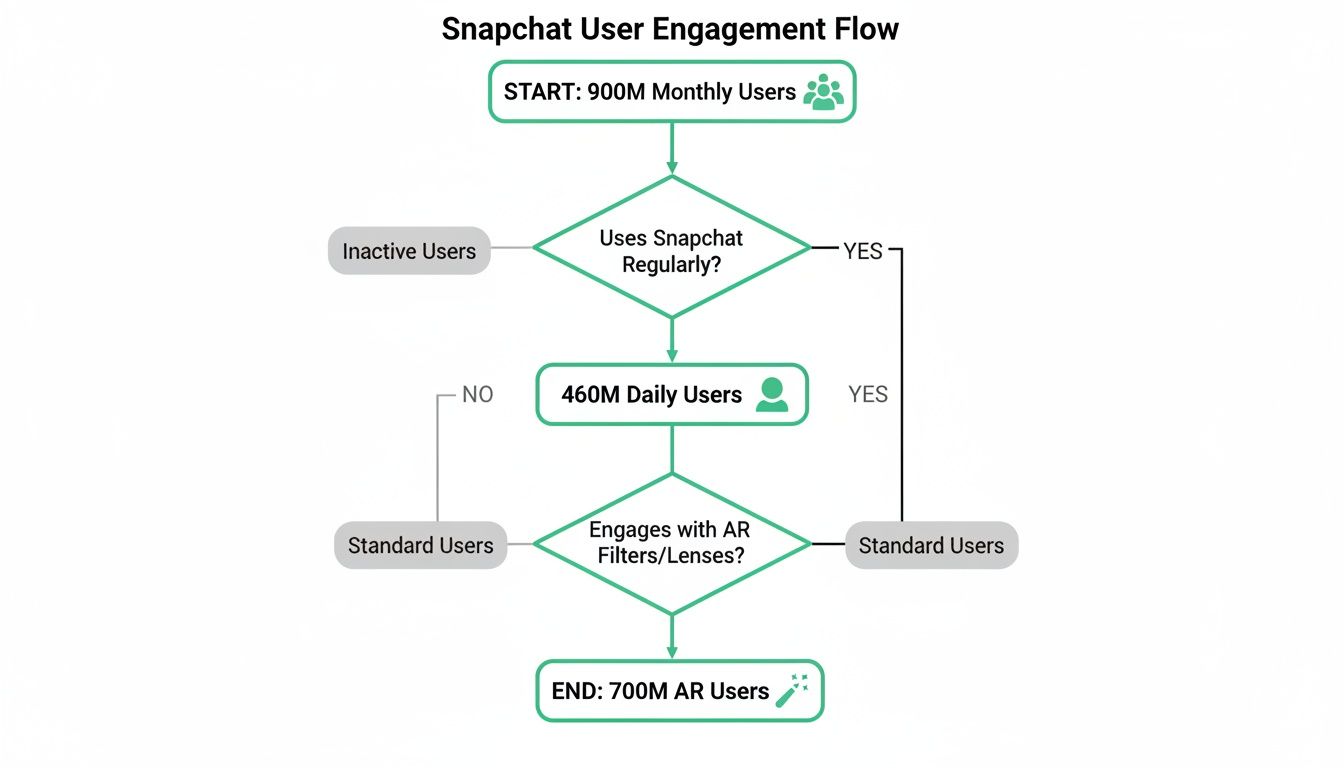 Flowchart illustrating Snapchat user engagement from 900M monthly users to 700M AR users.