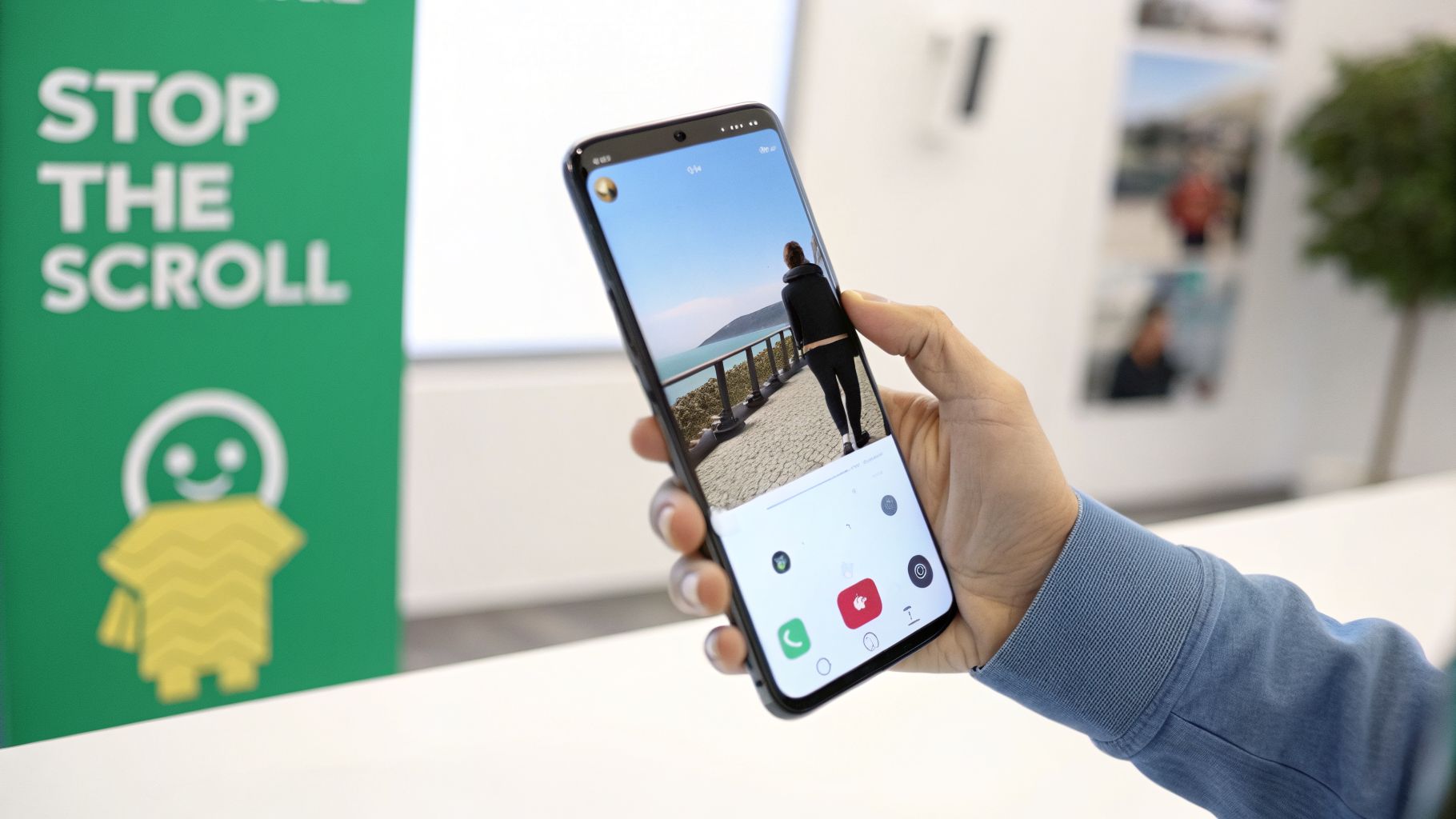 Hand holding a smartphone displaying a social media video, with a "STOP THE SCROLL" banner.