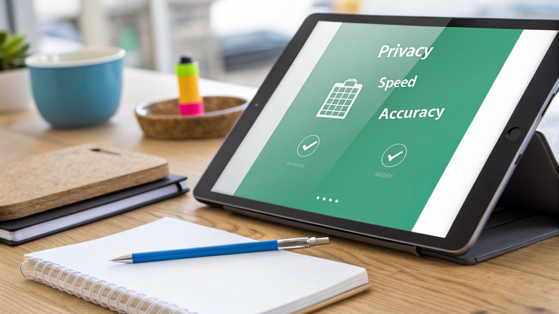 A tablet displaying privacy, speed, and accuracy on a desk with a notebook and pen.