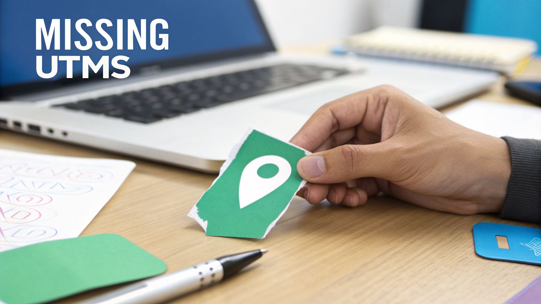 A hand holds a ripped green paper with a location pin icon and 'MISSING UTMS' text on a laptop background.
