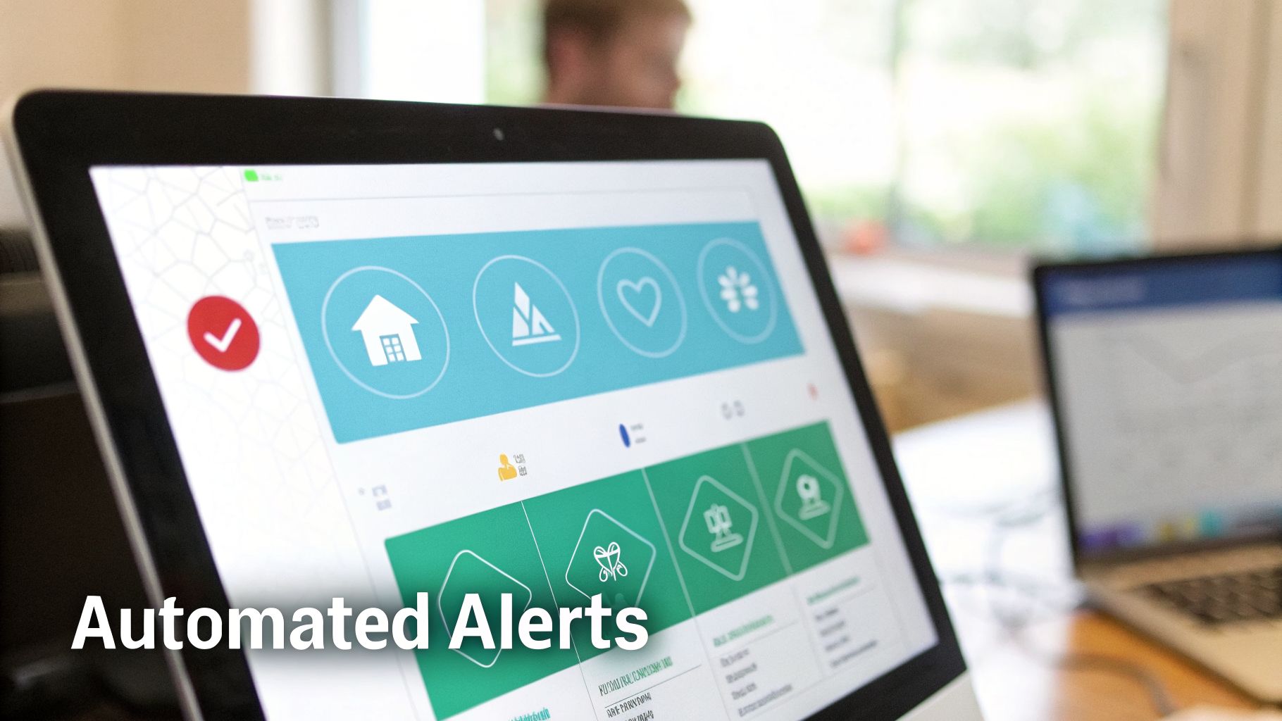 A tablet displays a vibrant digital dashboard with various icons and a red checkmark, featuring 'Automated Alerts' text.