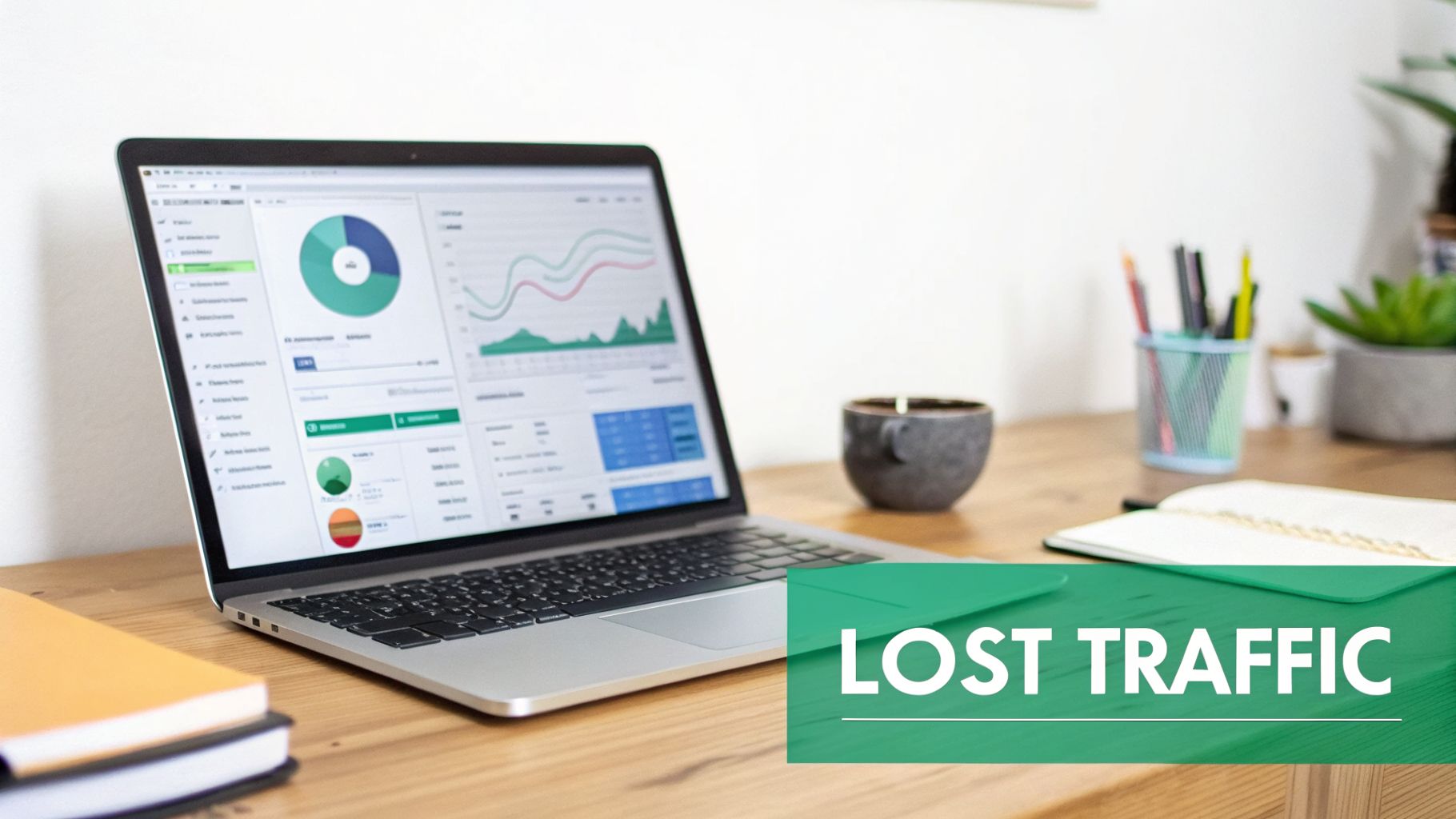 A laptop screen displays website analytics with charts and graphs on a desk with coffee and notebooks.