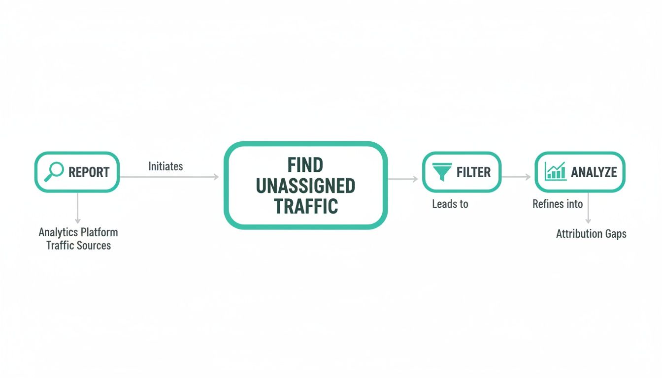 Flowchart detailing the process to find and analyze unassigned traffic, identifying attribution gaps.