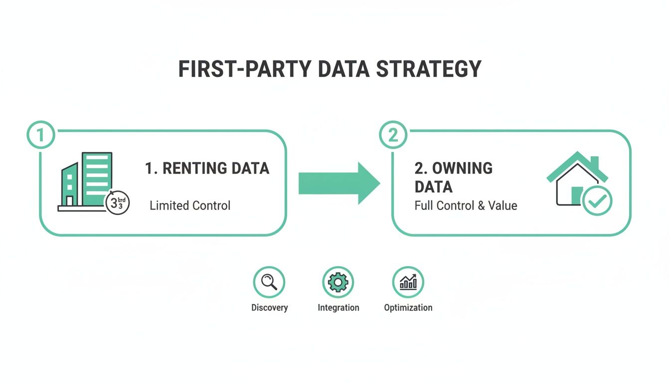 First-party data strategy infographic: move from renting third-party data to owning data with full control and value.