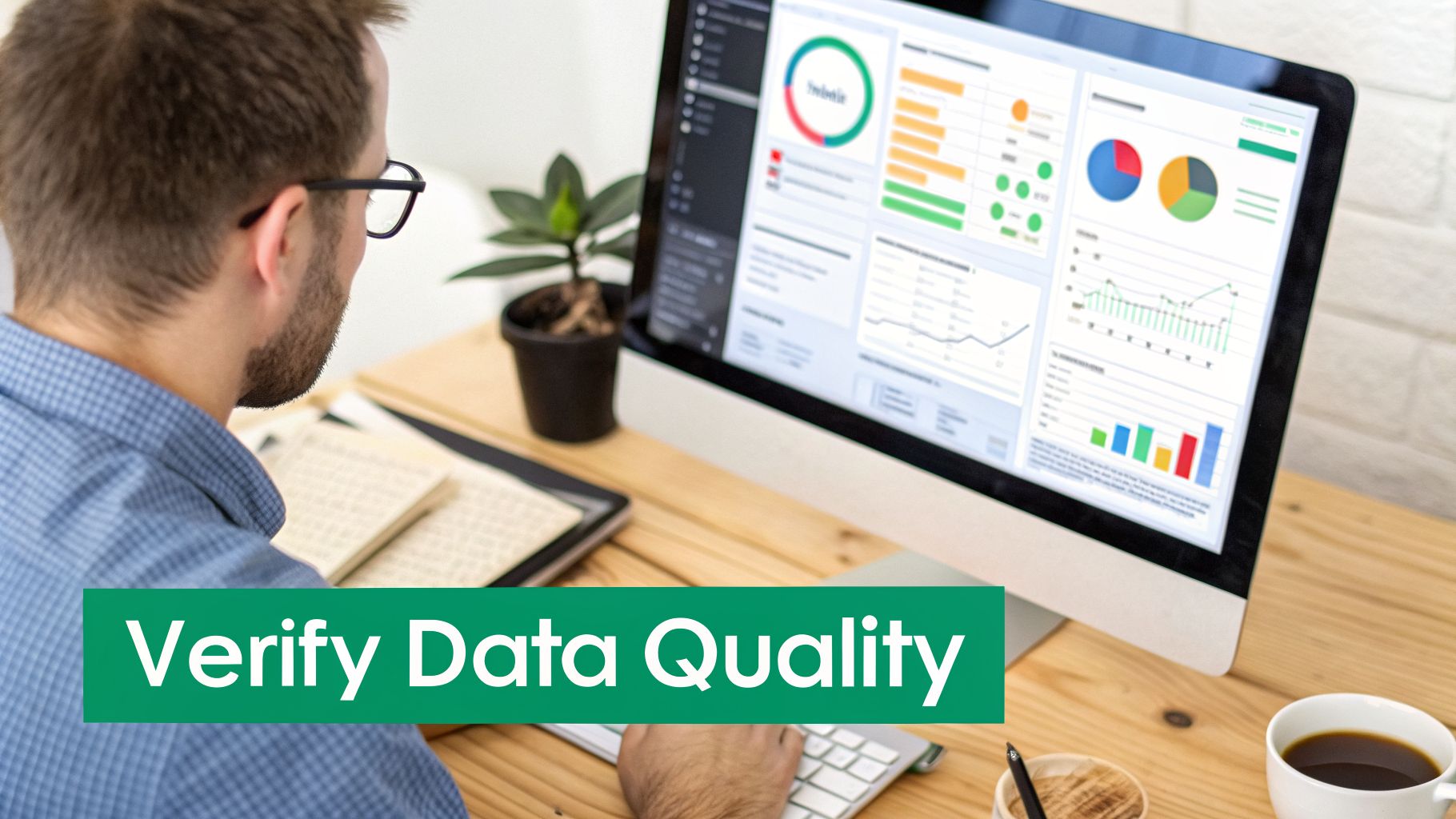 A man in glasses analyzes data quality on a computer screen displaying charts and graphs.