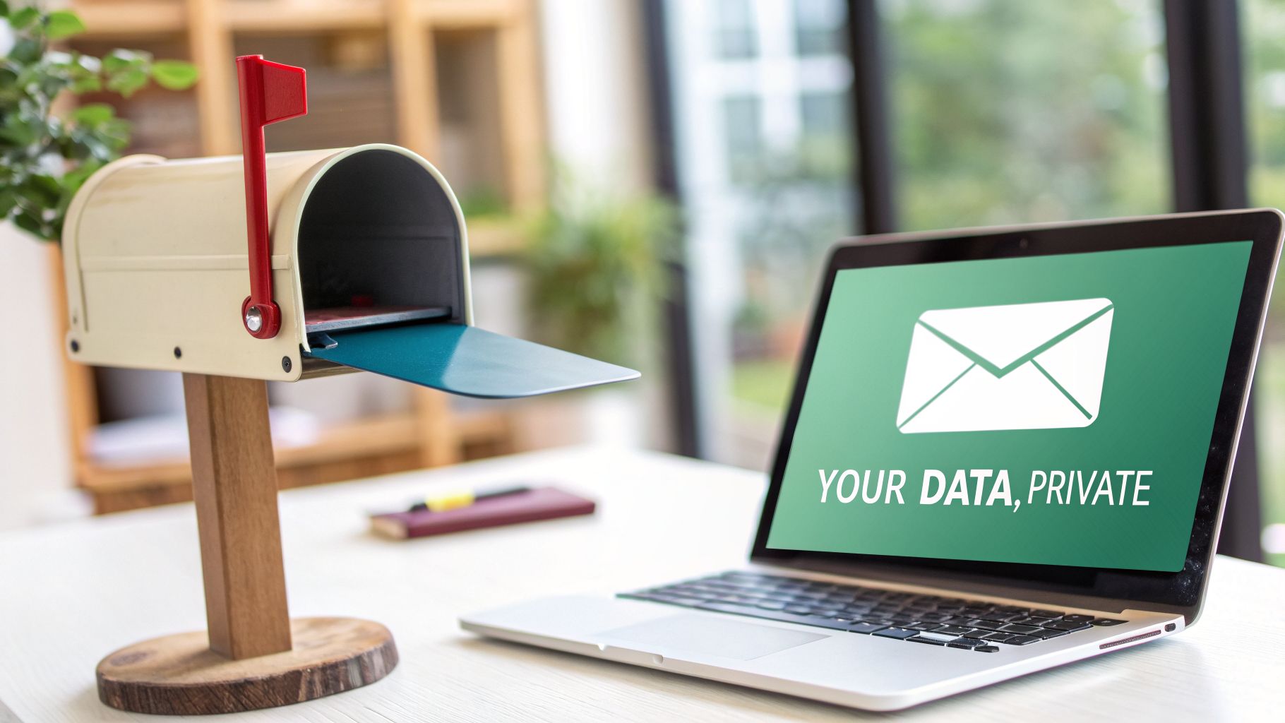 A miniature mailbox next to a laptop displaying an envelope icon and 'YOUR DATA, PRIVATE' on its screen.