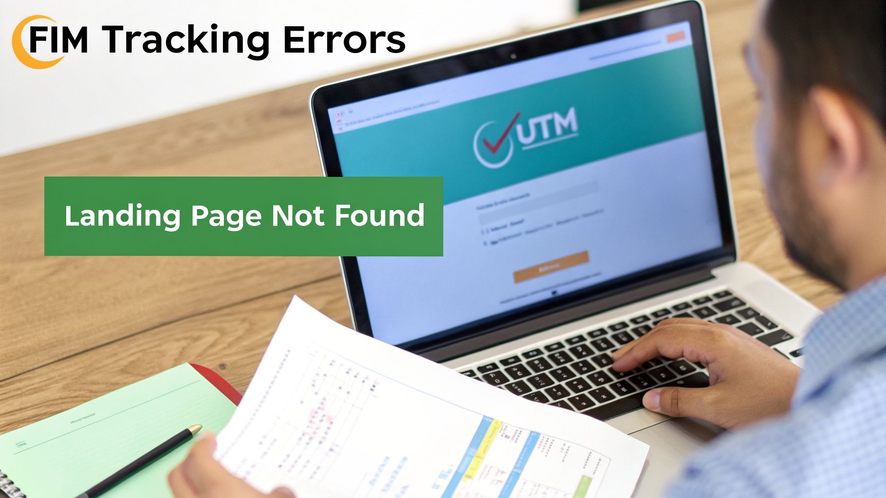 A person typing on a laptop with 'FIM Tracking Errors' and 'Landing Page Not Found' text overlays, indicating a digital error.