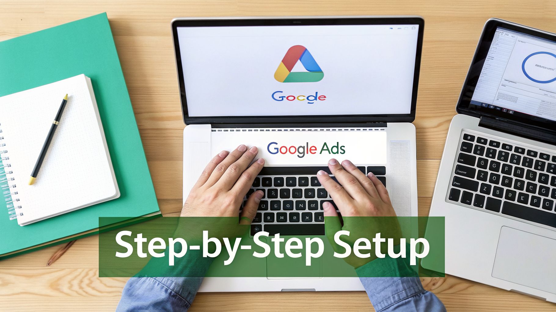 Person typing on laptop, showing Google Ads and 'Step-by-Step Setup' for online advertising.