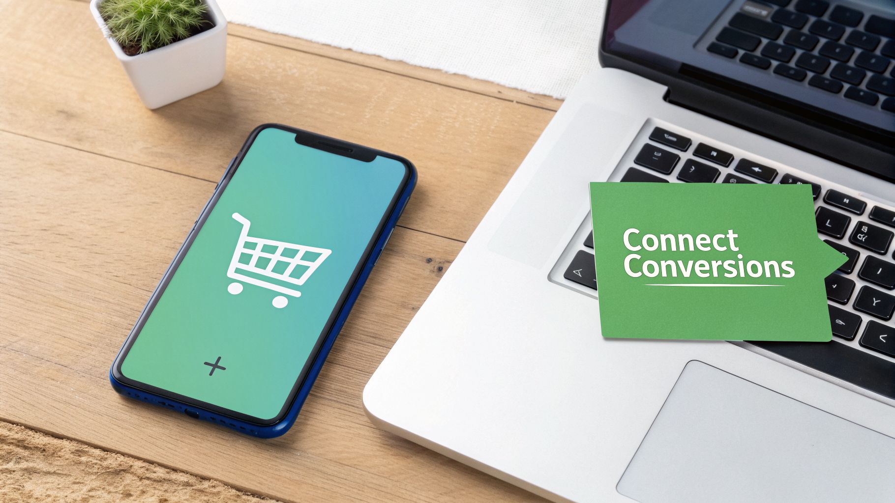 Overhead shot of a smartphone displaying an online shopping cart and a laptop with a 'Connect Conversions' note.