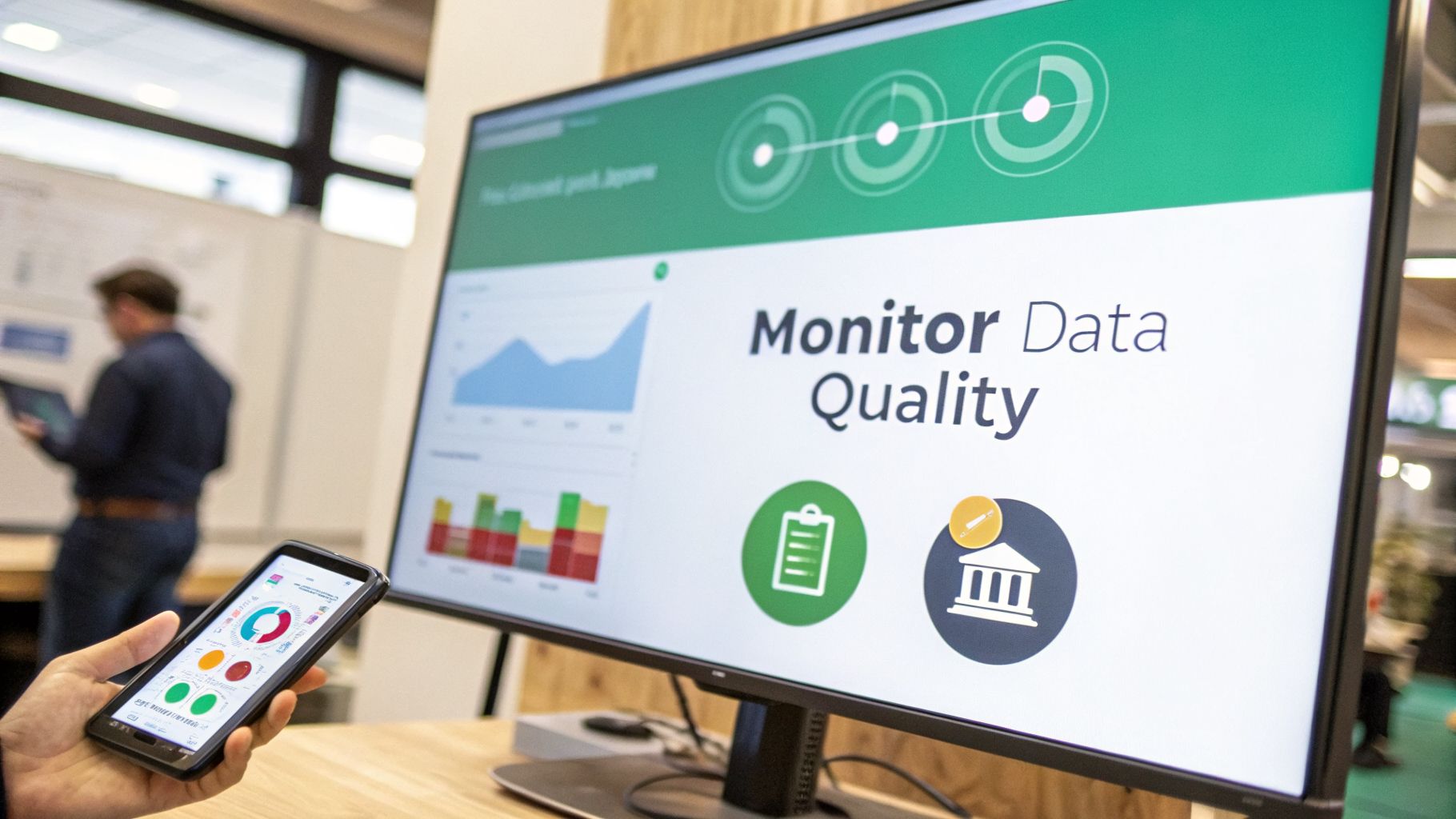 A person holds a smartphone displaying data analytics next to a monitor showing 'Monitor Data Quality' with charts.