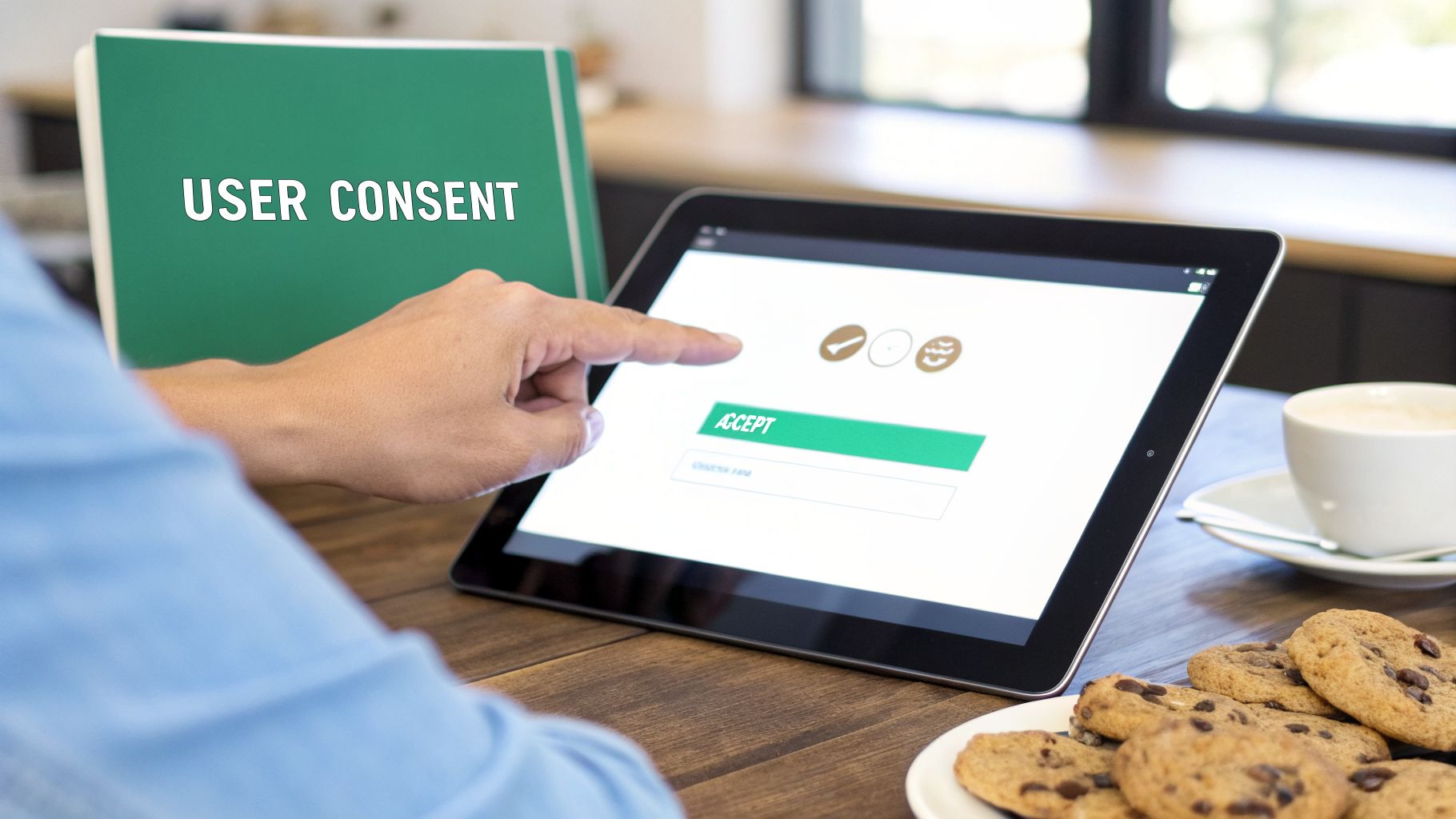 A hand taps an 'ACCEPT' button on a tablet displaying a 'USER CONSENT' screen, with cookies and coffee nearby.