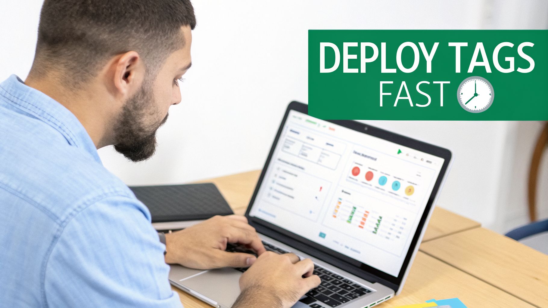 A bearded man types on a laptop displaying data, with a banner saying 'Deploy Tags Fast'.