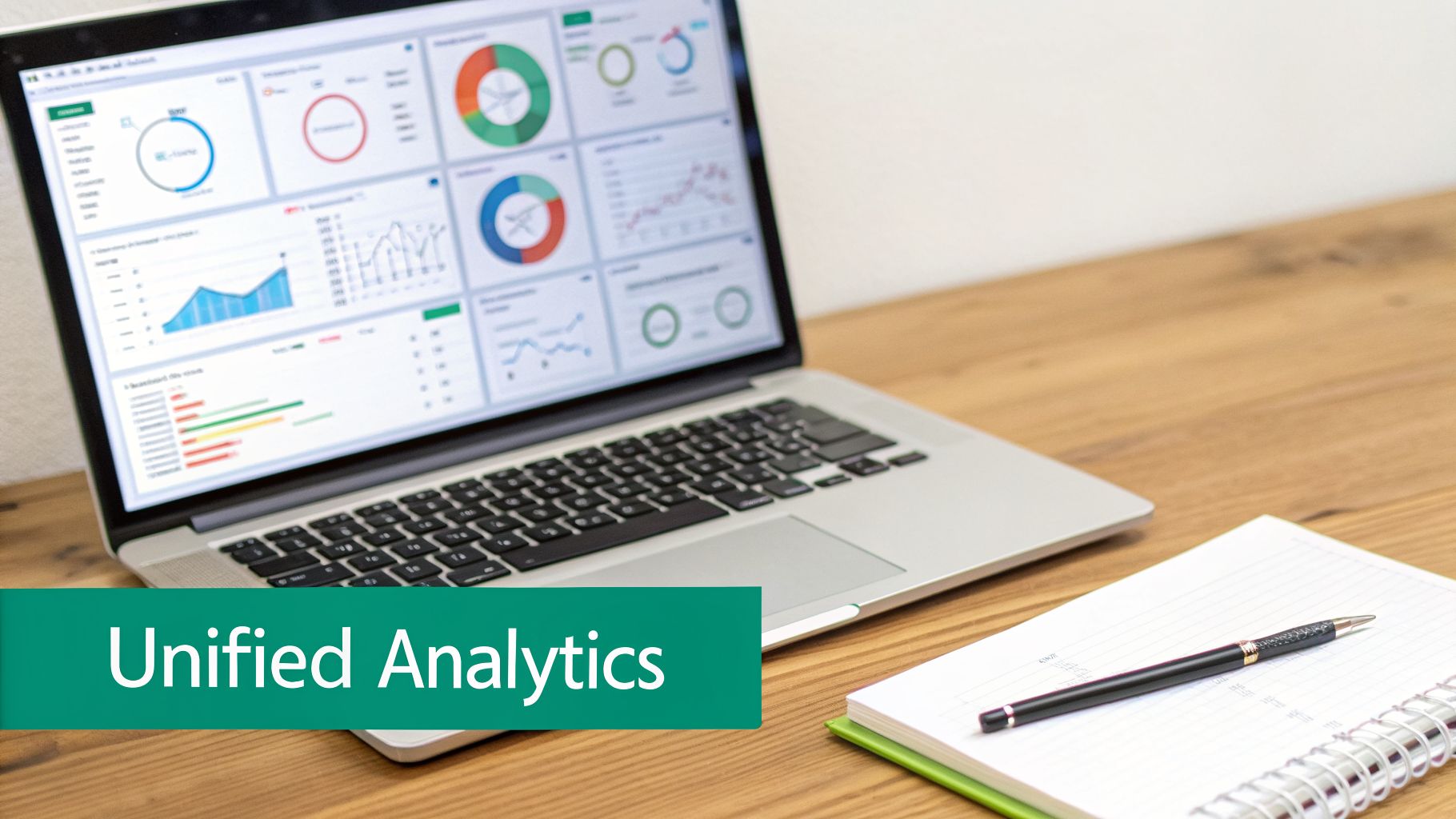 A laptop screen shows a business intelligence dashboard with various charts and graphs, next to a notebook and pen on a wooden desk.