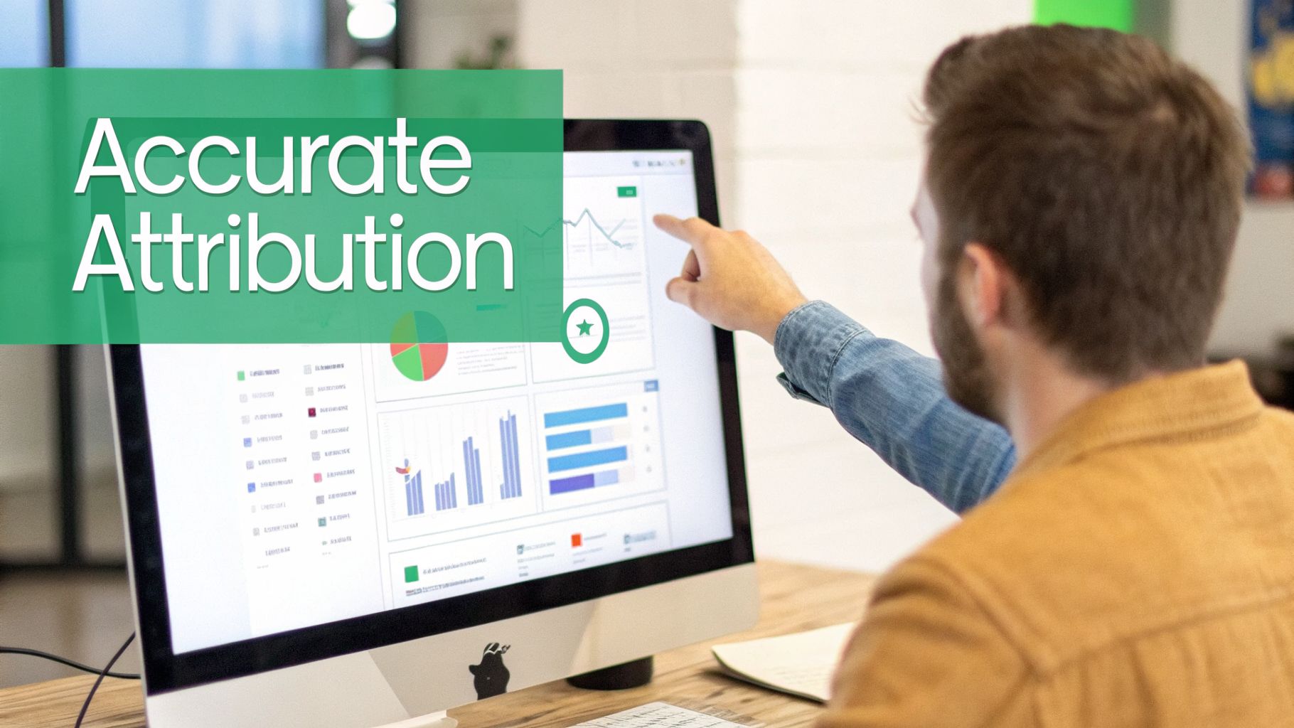 A person points at a computer screen displaying various data charts and graphs, emphasizing accurate attribution.