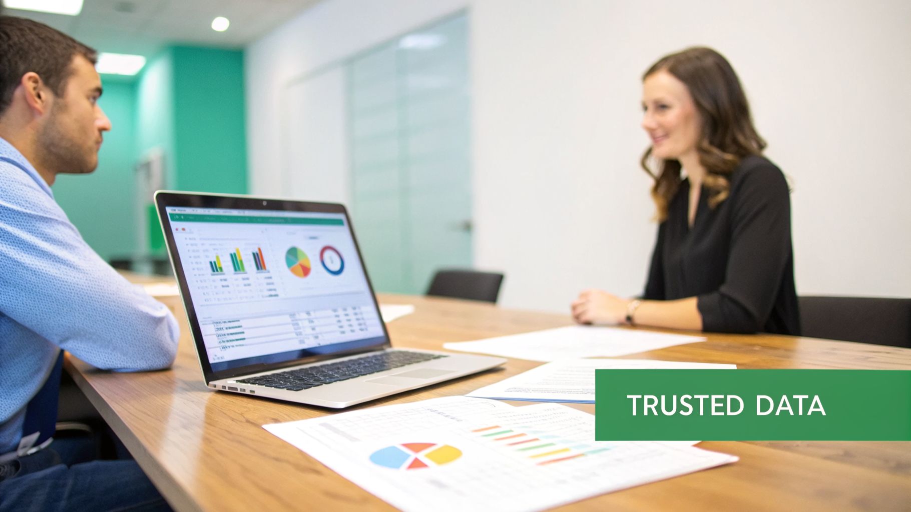 Two business professionals review data charts on a laptop and papers in an office meeting.