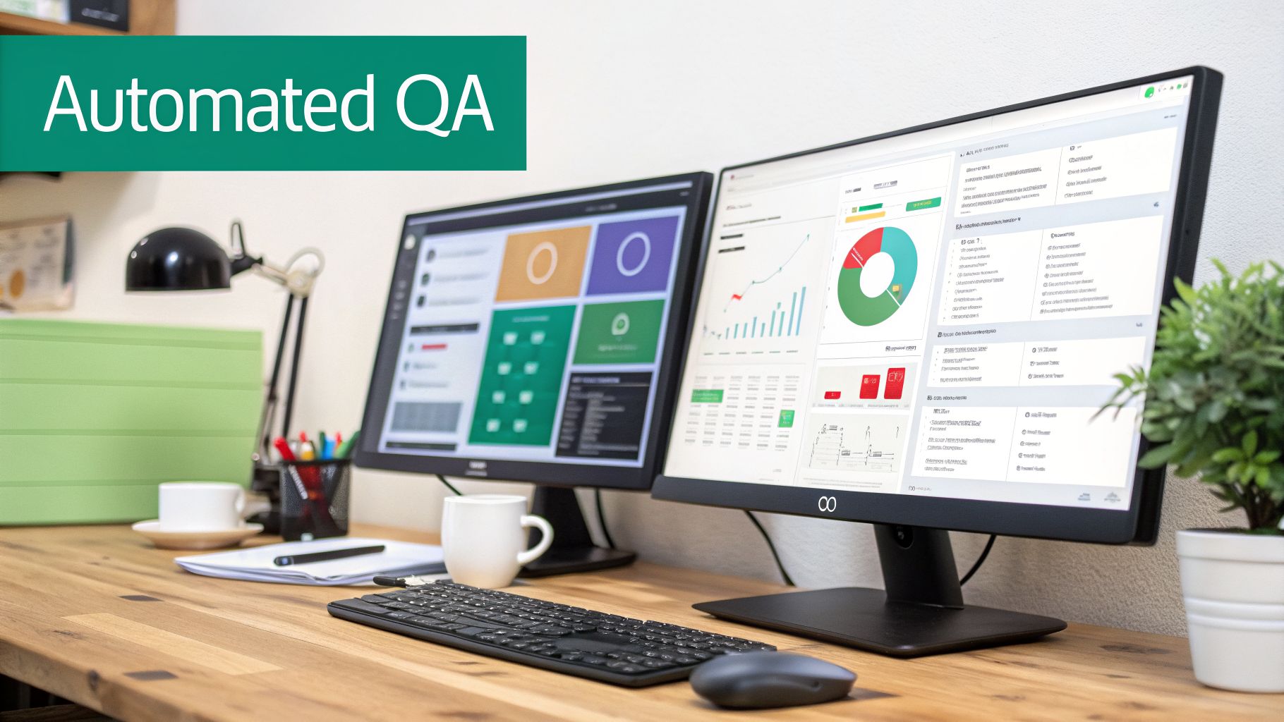 Two computer monitors display automated QA dashboards with charts and data on a wooden desk.