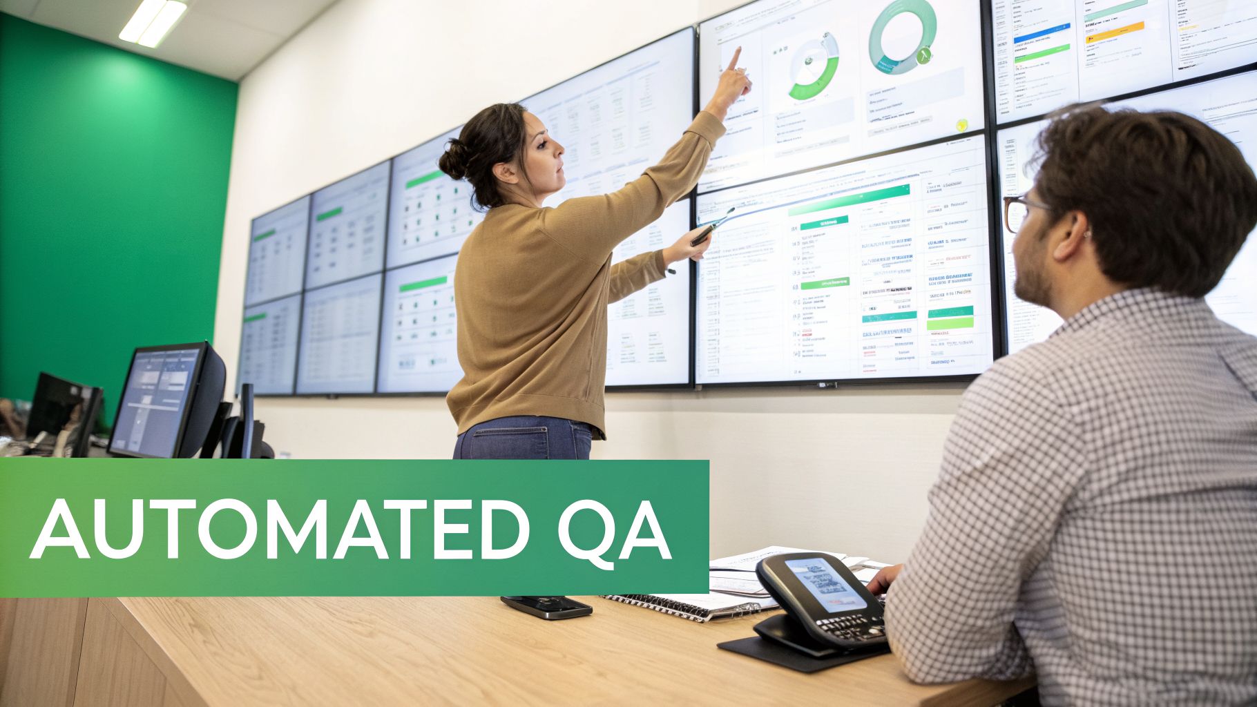 Two colleagues discussing data on a large multi-screen display in a control room, focusing on automated QA.