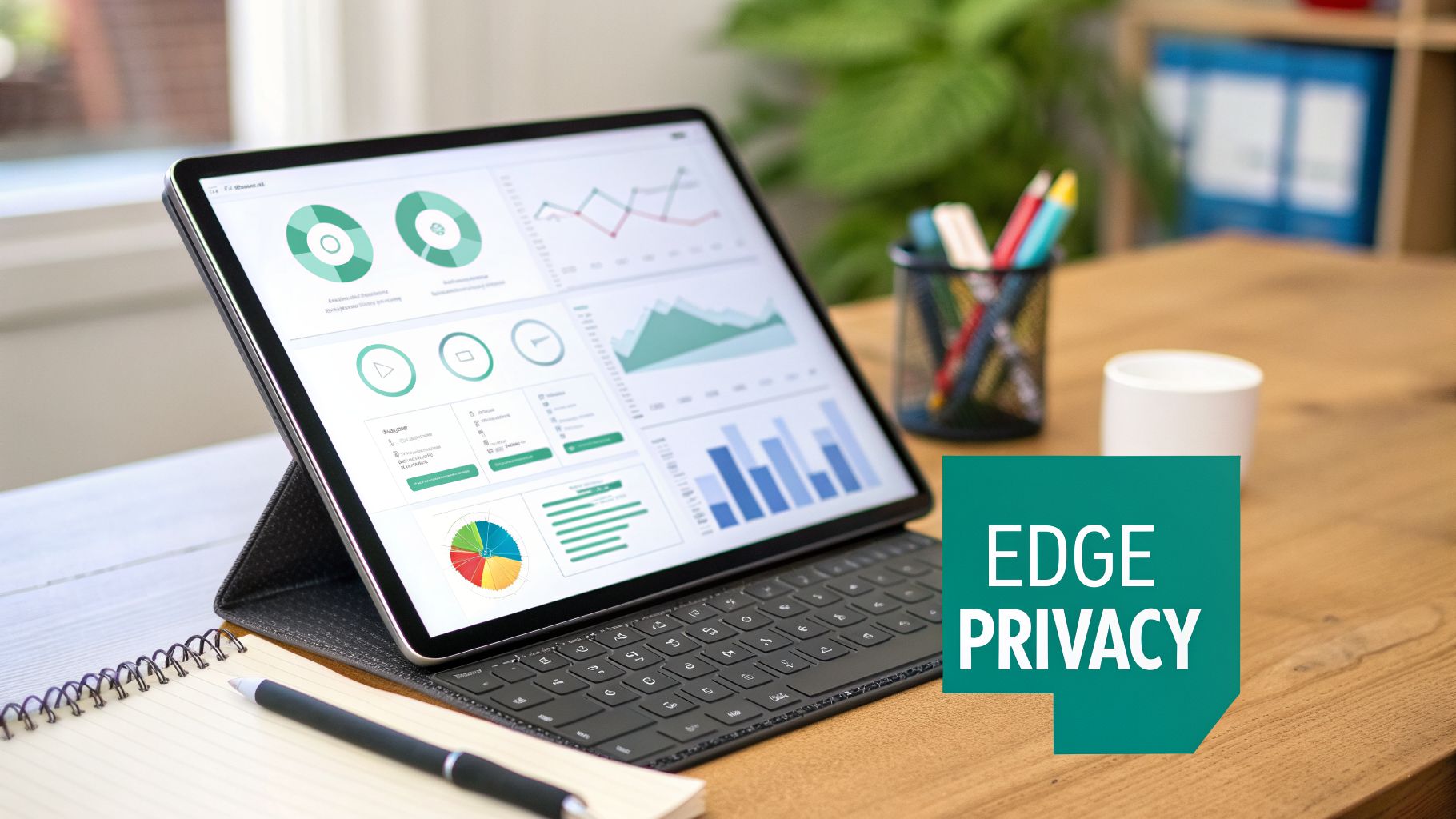 A tablet on a wooden desk displays various data analytics and charts, with 'EDGE PRIVACY' overlay text.