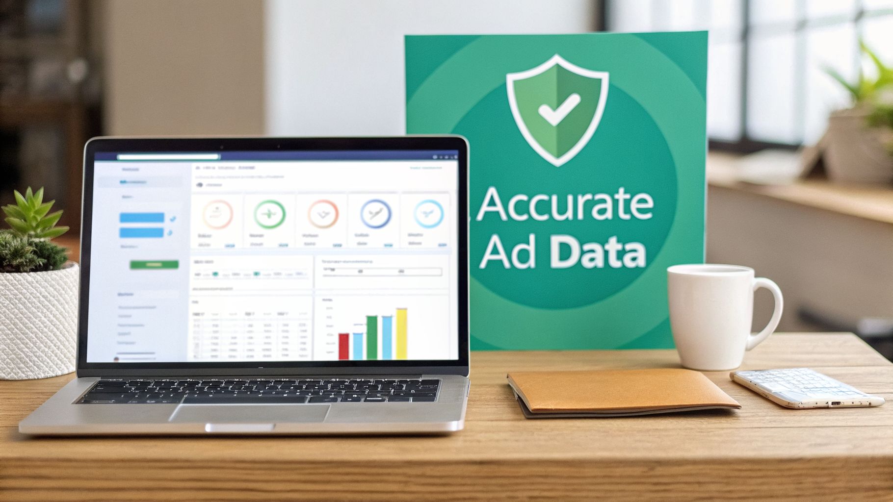 A laptop displaying a data dashboard, a green sign 'Accurate Ad Data', a coffee mug, and a phone on a desk.