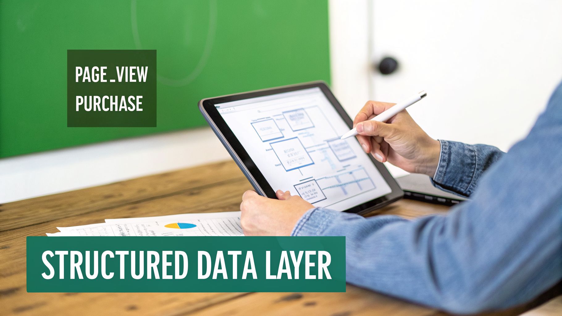 Hands holding a tablet, using a stylus to interact with a data diagram, featuring 'STRUCTURED DATA LAYER'.