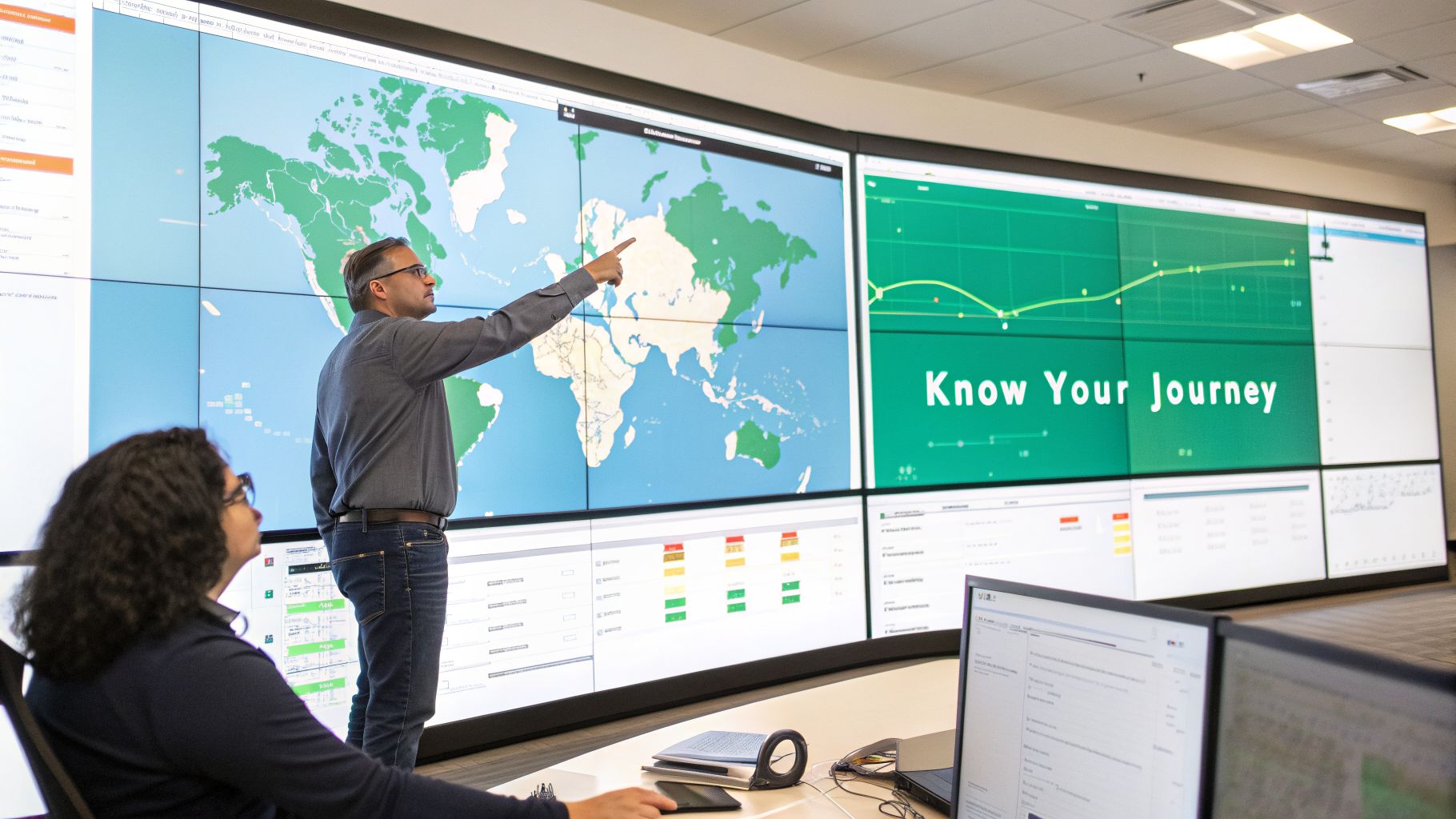 Professionals analyze a world map and data visualizations on a large multi-screen tracking display.