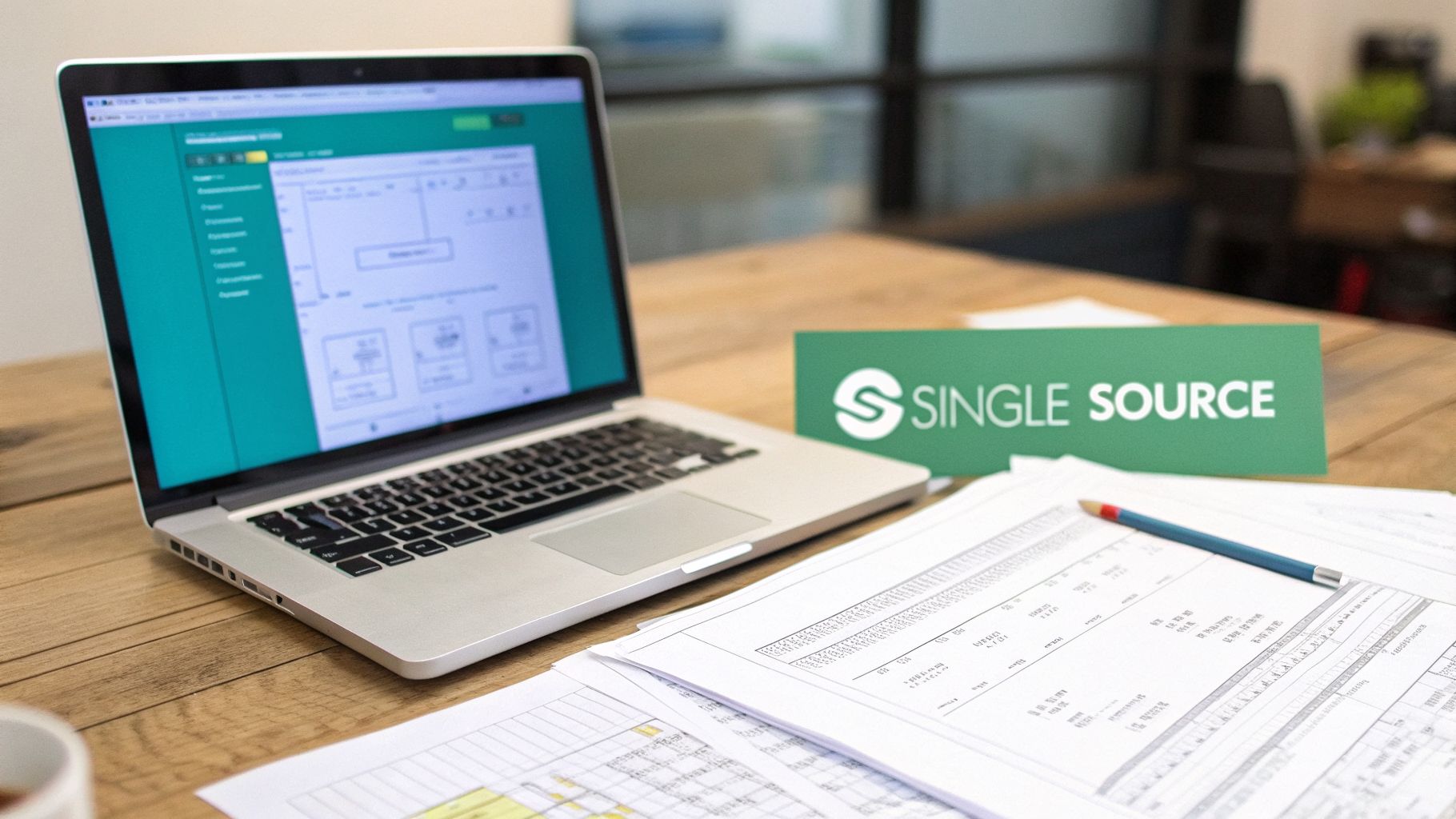 A laptop displaying a green software interface, a 'Single Source' sign, papers, and a pencil on a wooden desk.