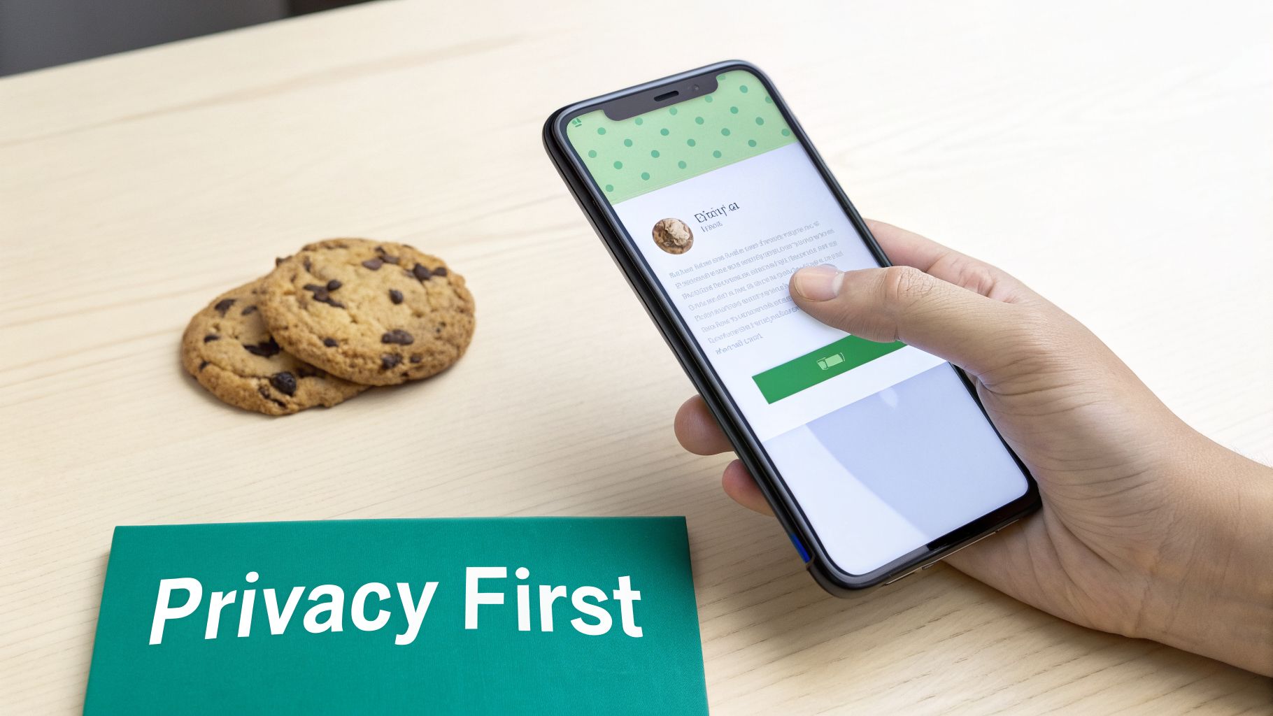 A hand holds a smartphone showing a privacy-related screen, next to cookies and a 'Privacy First' sign.