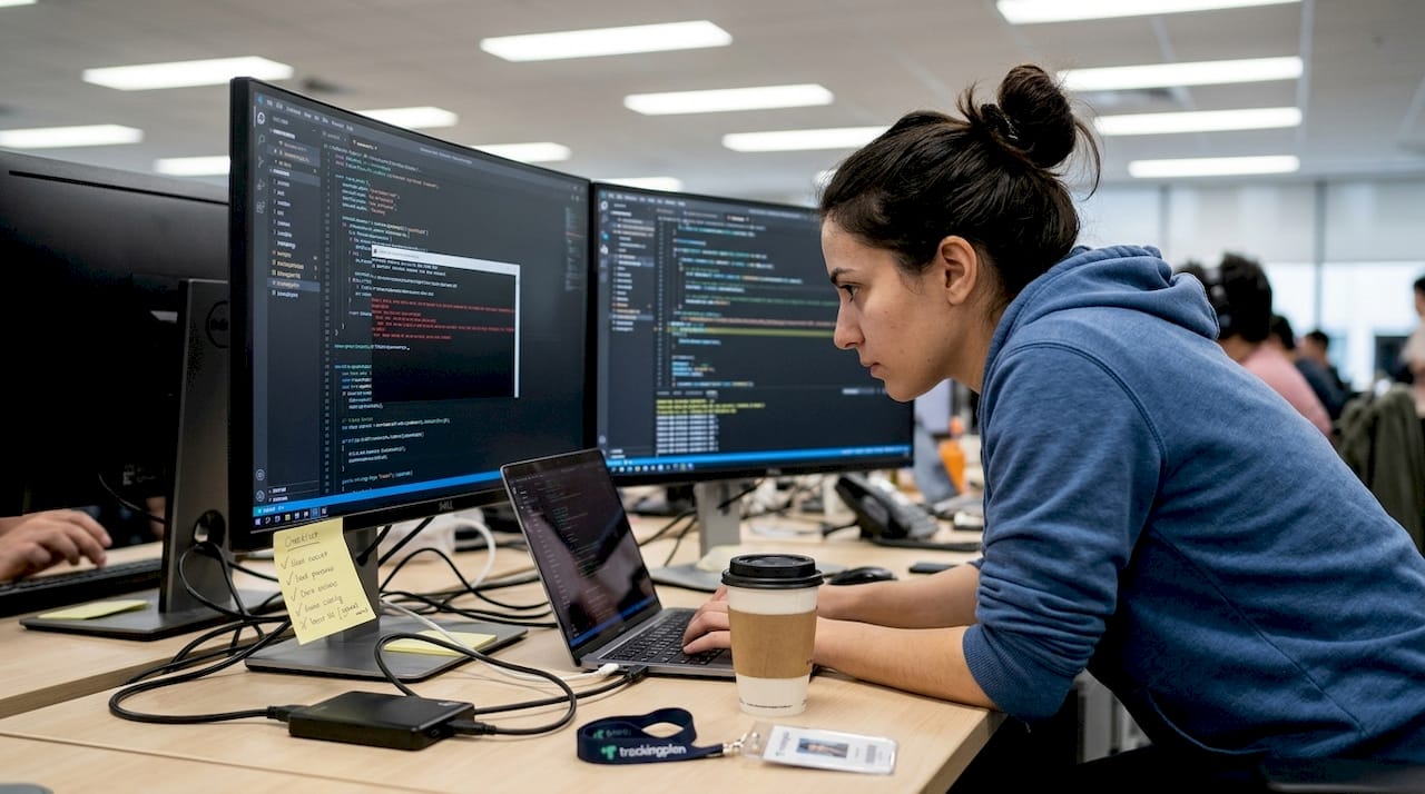 Backend engineer troubleshooting server code on desk