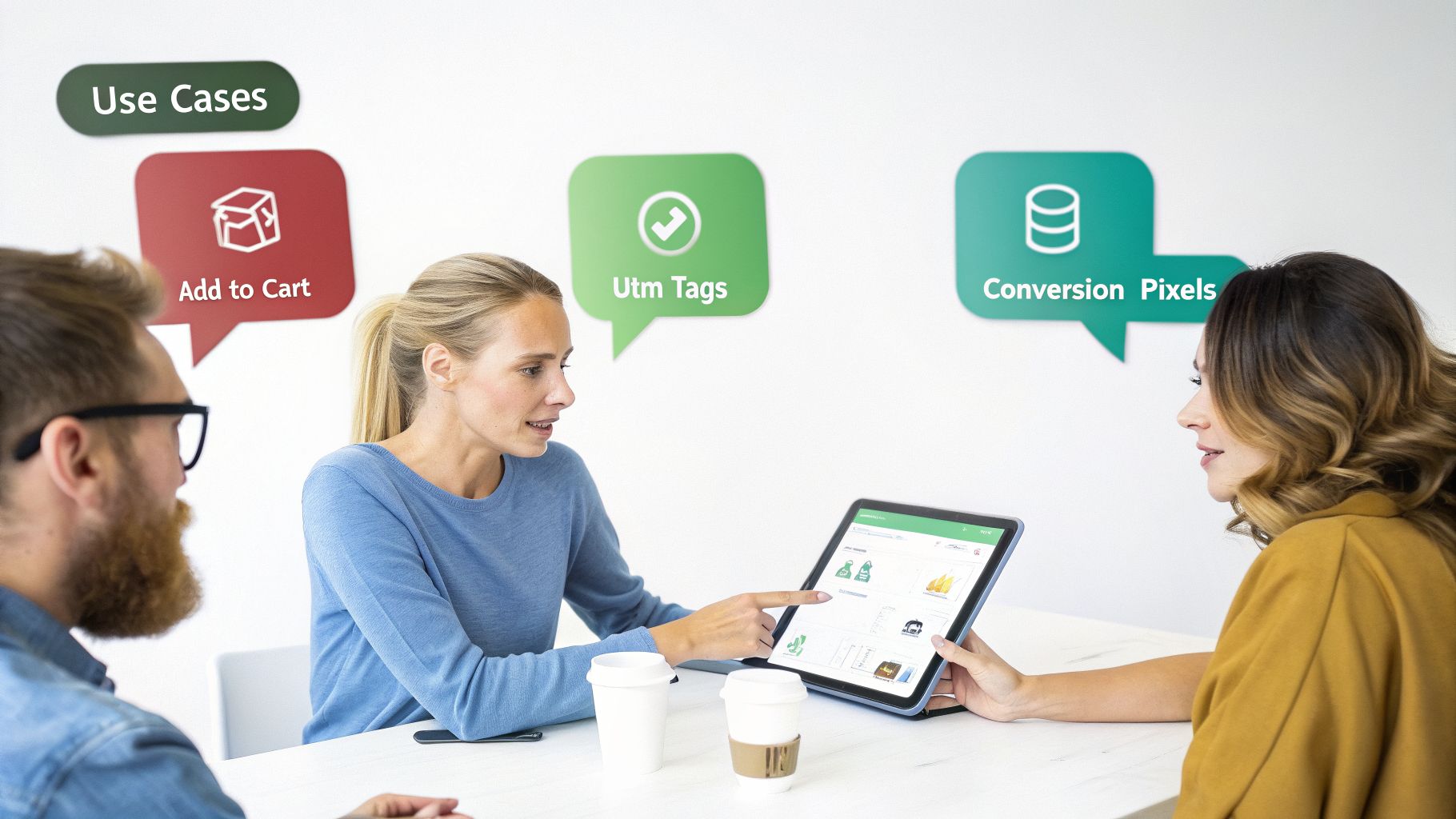 Three colleagues discuss web analytics and tracking features like UTM tags and conversion pixels on a tablet.