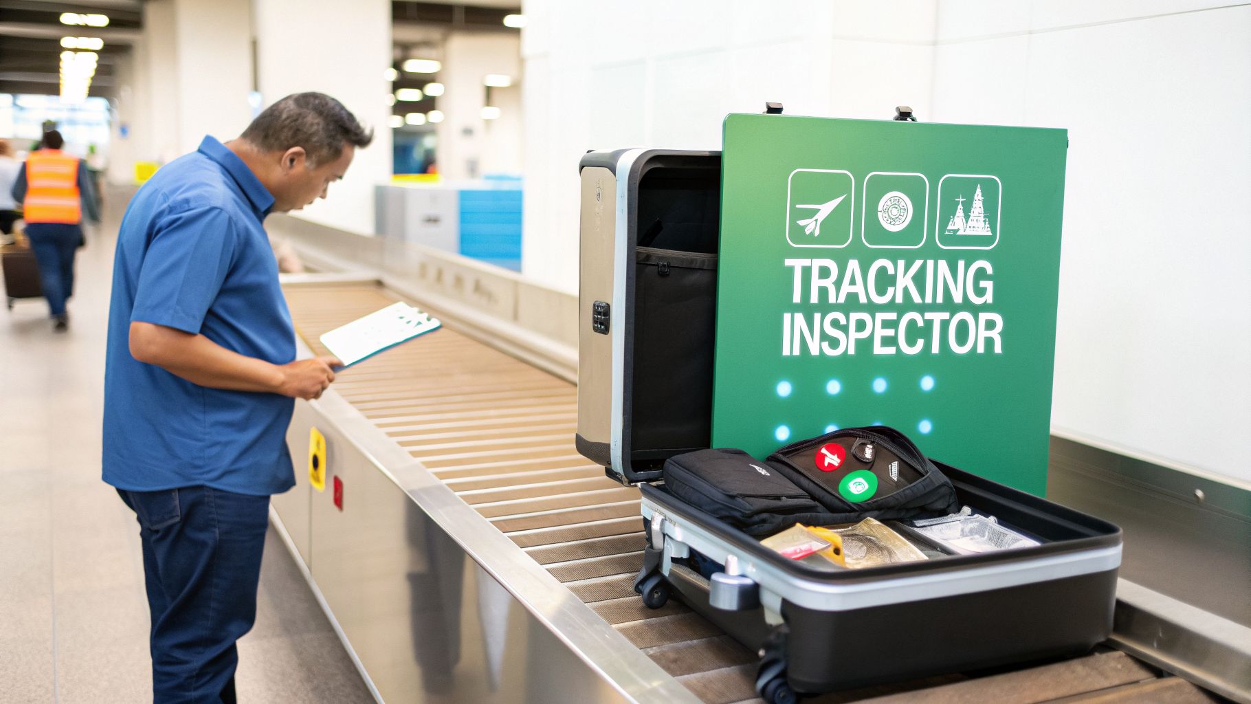 An inspector checks luggage on an airport conveyor belt, next to a 'Tracking Inspector' sign.