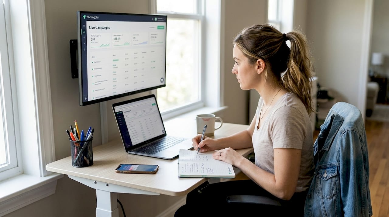 Marketing analyst taking notes from live dashboard