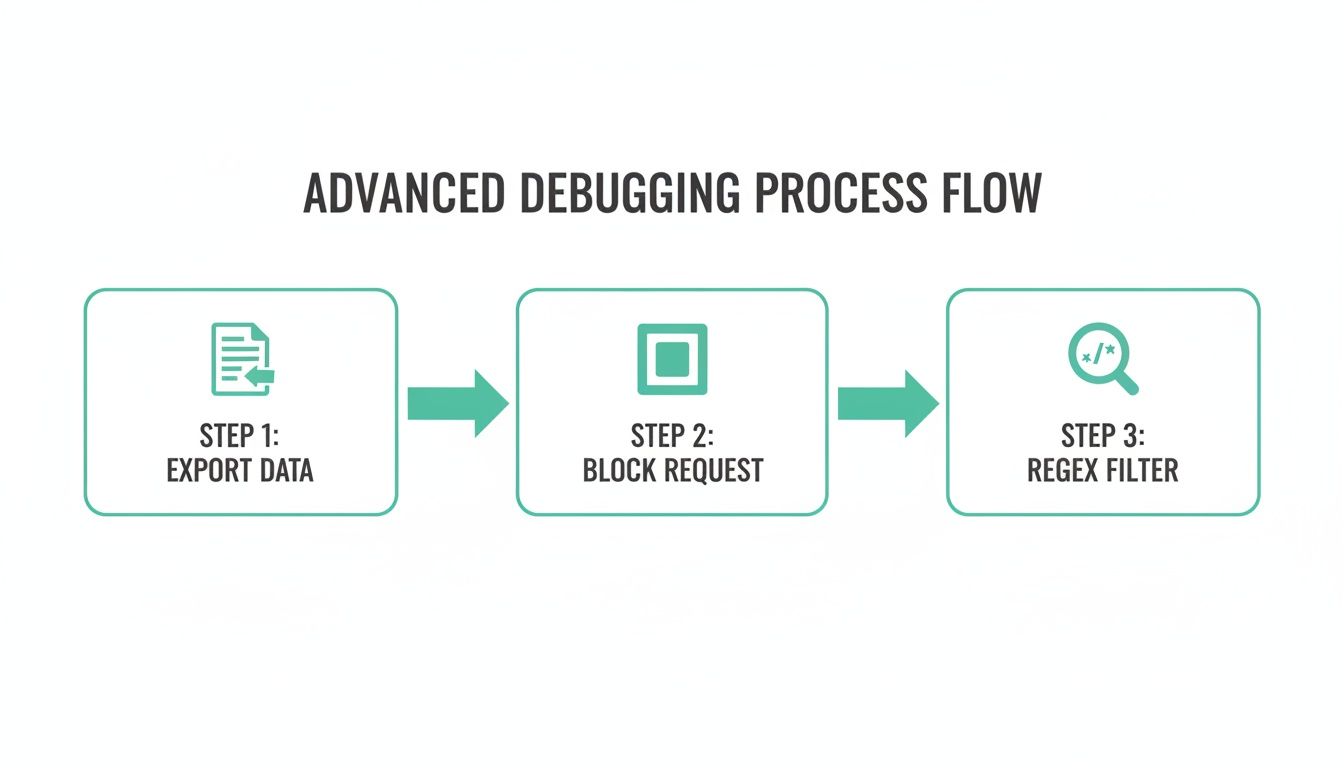 A visual flow diagram illustrating an advanced debugging process with steps for data export, request blocking, and regex filtering.