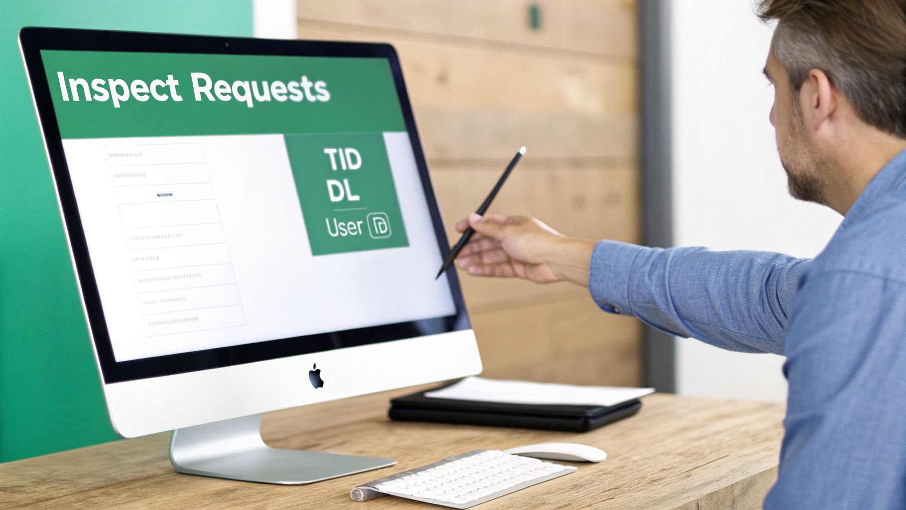 A man points a stylus at an Apple iMac screen displaying 'Inspect Requests' and user data.