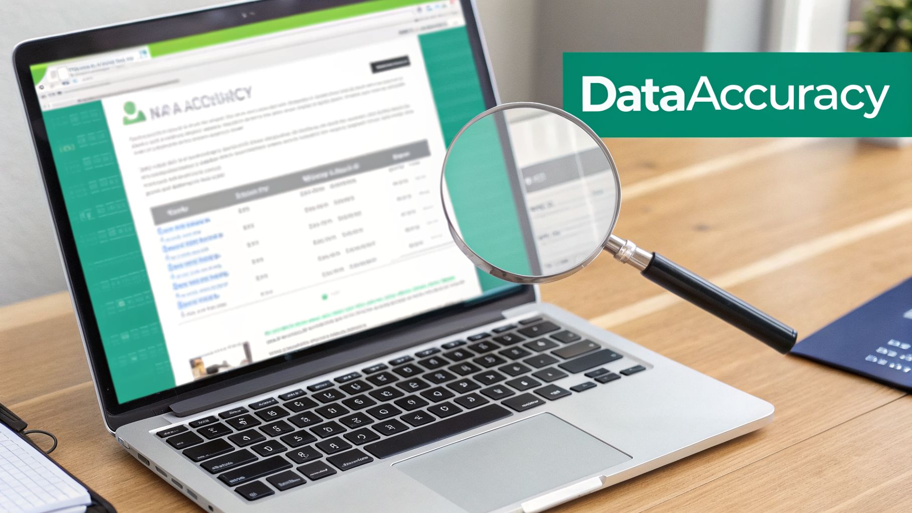 A magnifying glass over a laptop screen showing data, emphasizing data accuracy.