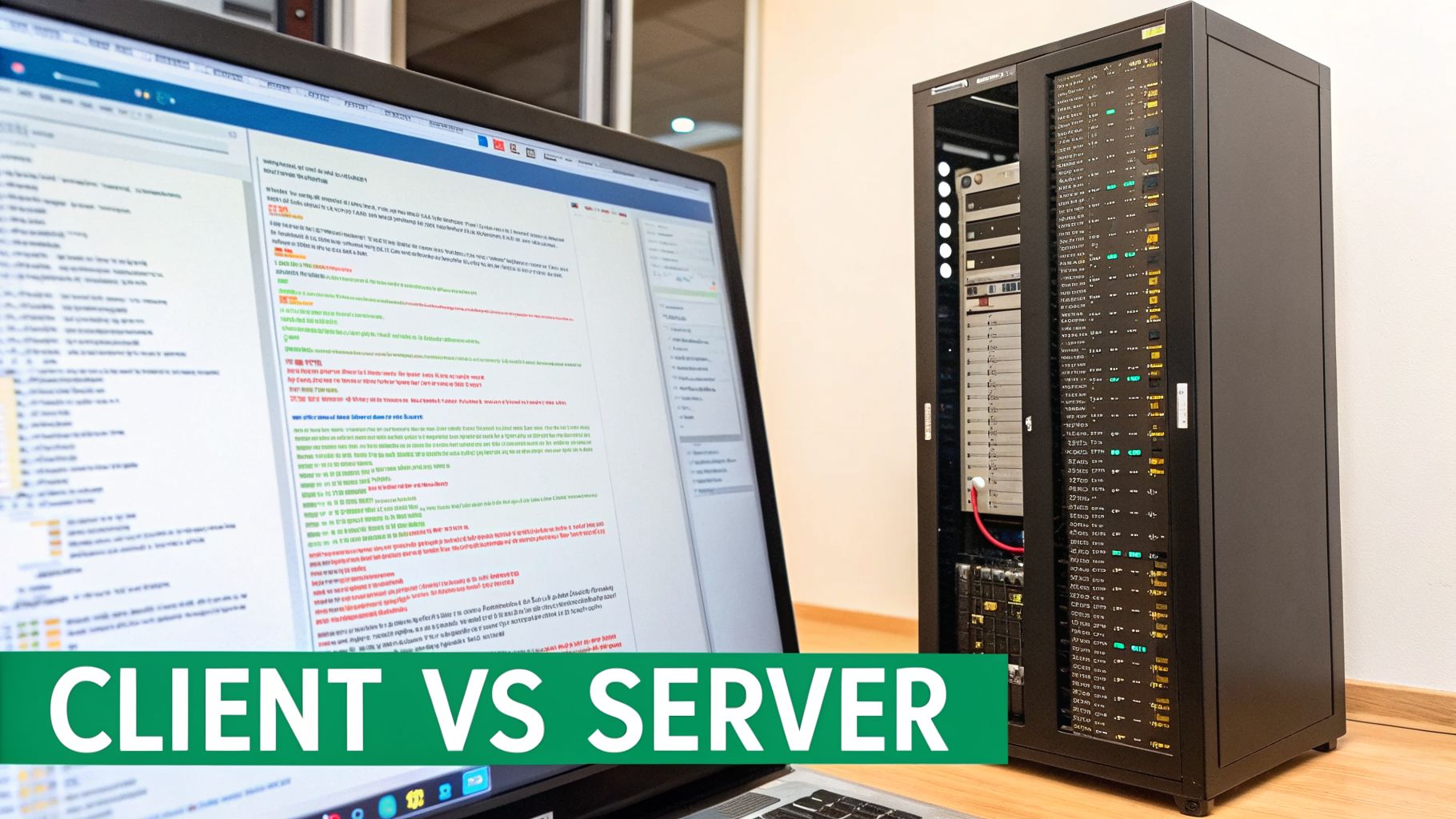 A computer monitor displaying text data next to a tall server rack with blinking lights, illustrating client-server concepts.