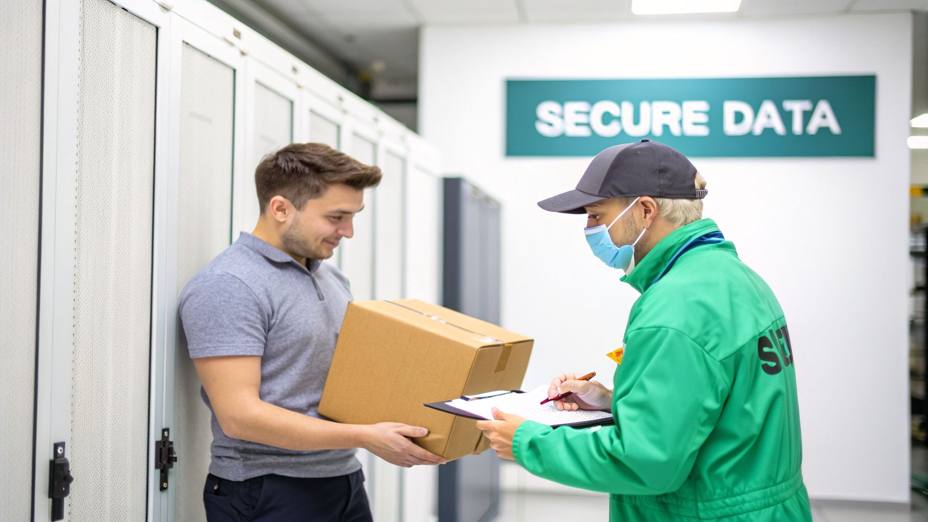 A delivery person wearing a mask delivers a package to a man in a secure data center.