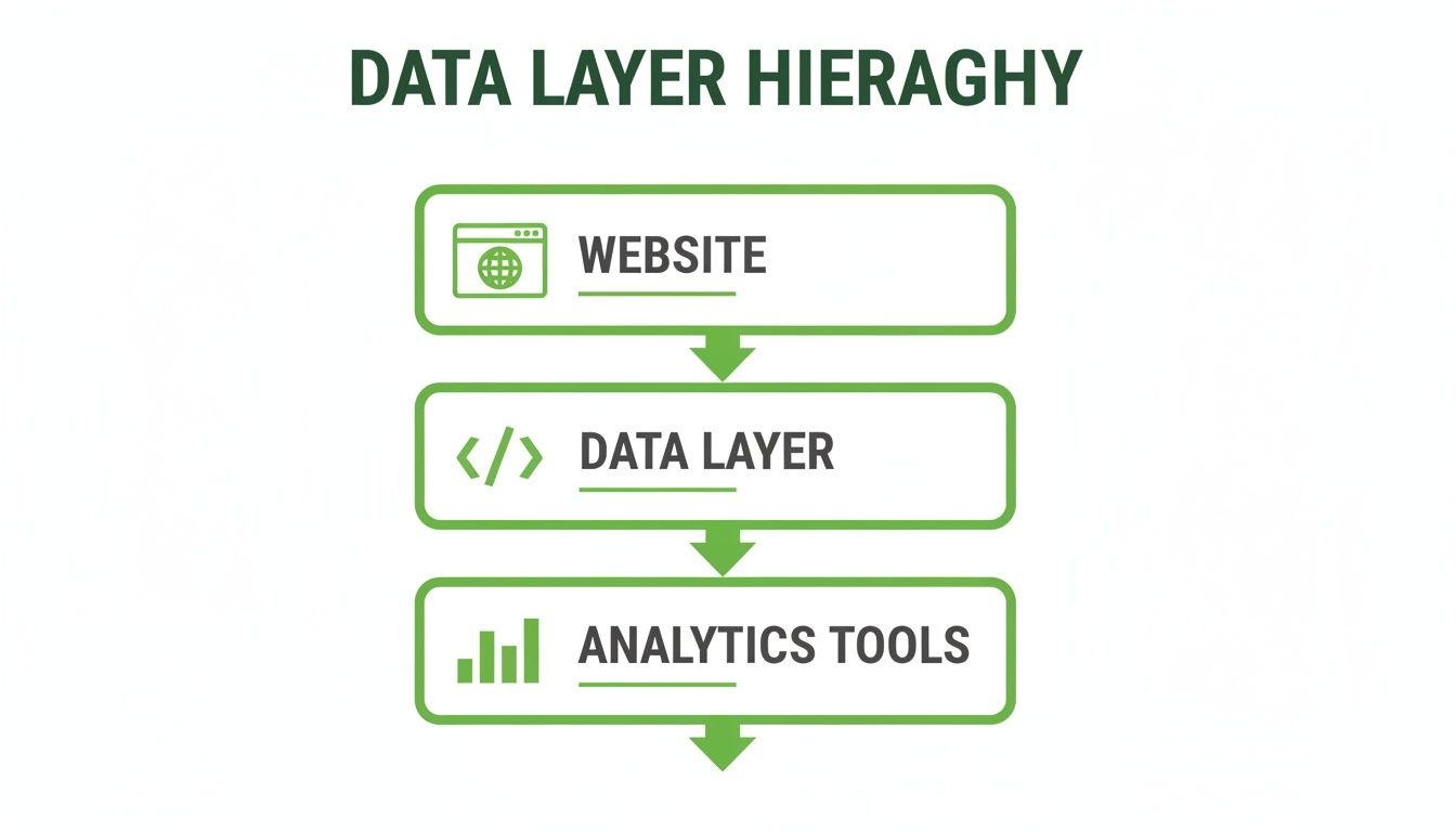 Diagram illustrating the data layer hierarchy from website to data layer and analytics tools.
