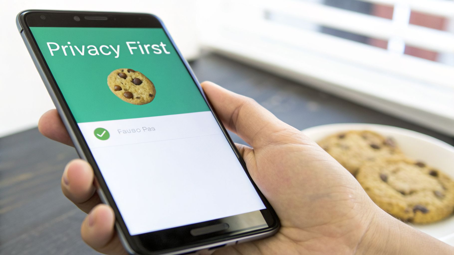 A hand holds a smartphone displaying 'Privacy First' and a cookie icon, representing internet data privacy.