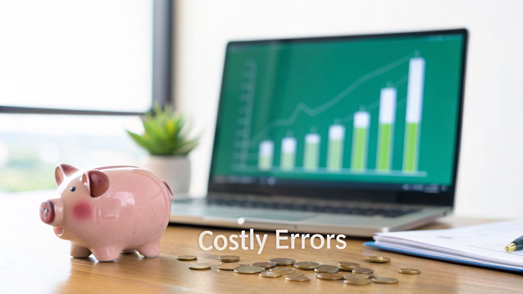 Piggy bank, coins, and laptop displaying financial data on a desk, with 'Costly Errors' text.