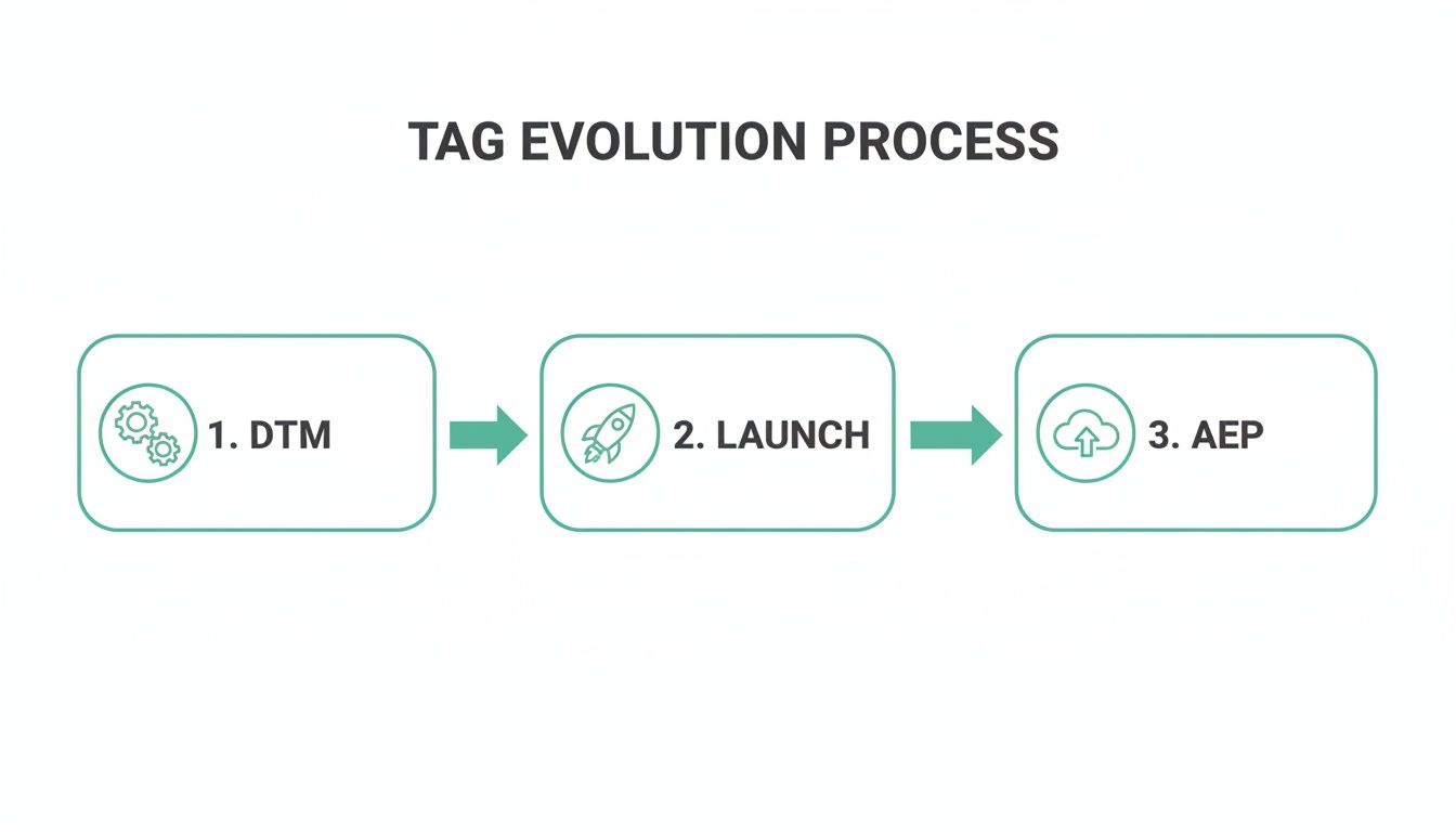 A three-step flowchart illustrating the Tag Evolution Process: DTM, then Launch, then AEP.