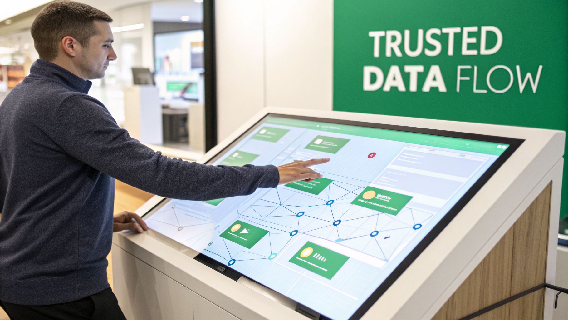 A man interacts with a large interactive touchscreen display showing a data flow diagram.