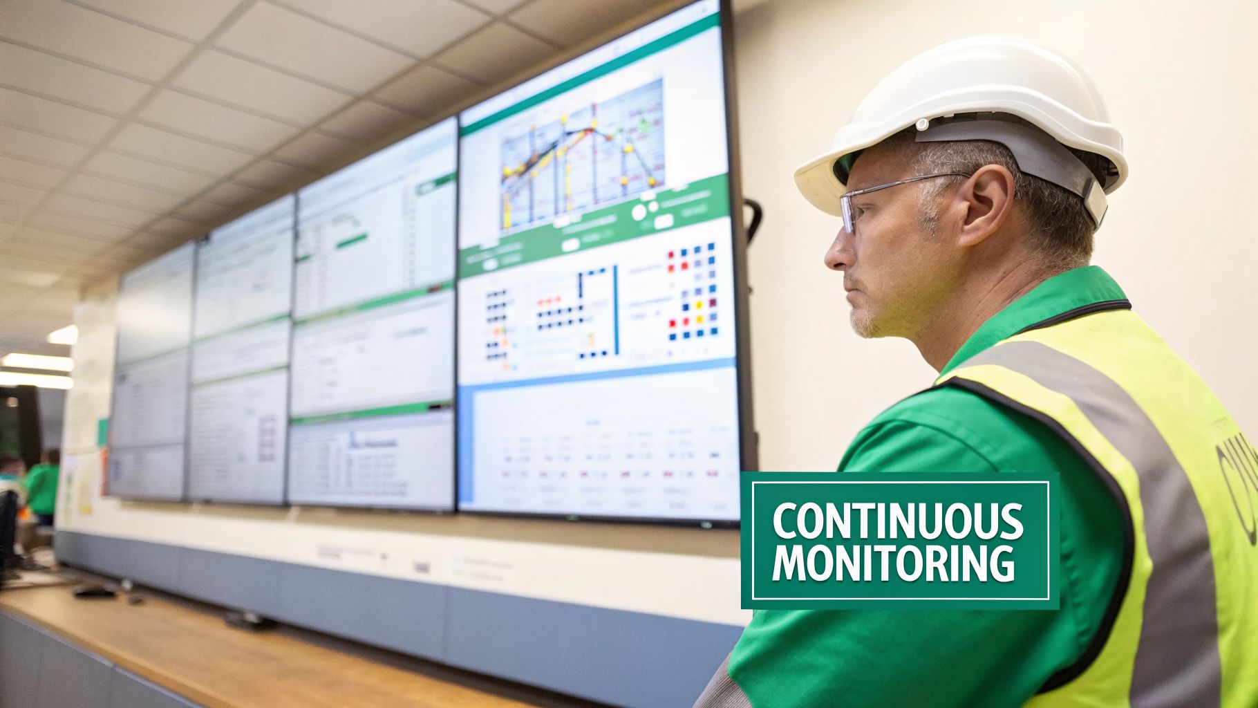 A man in a white hard hat and green safety vest intently observes data on a multi-screen display wall.