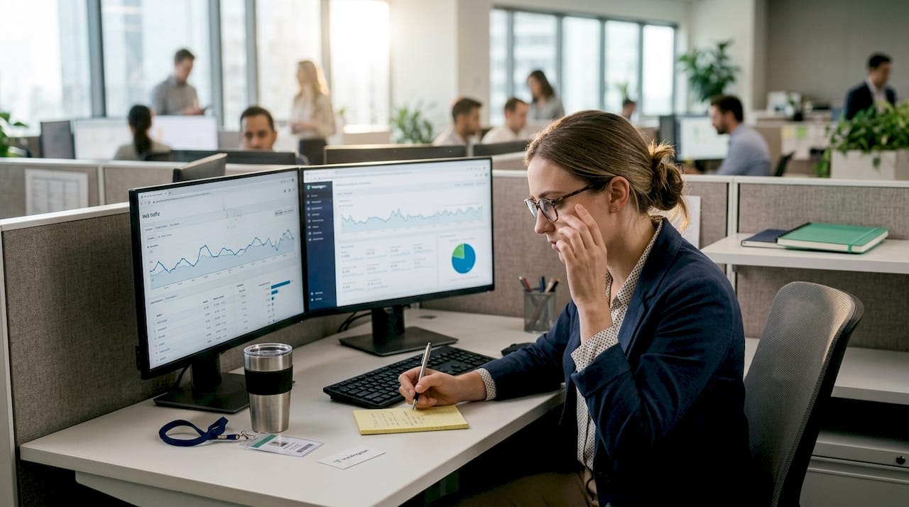 Analyst reviewing web tracking data at desk