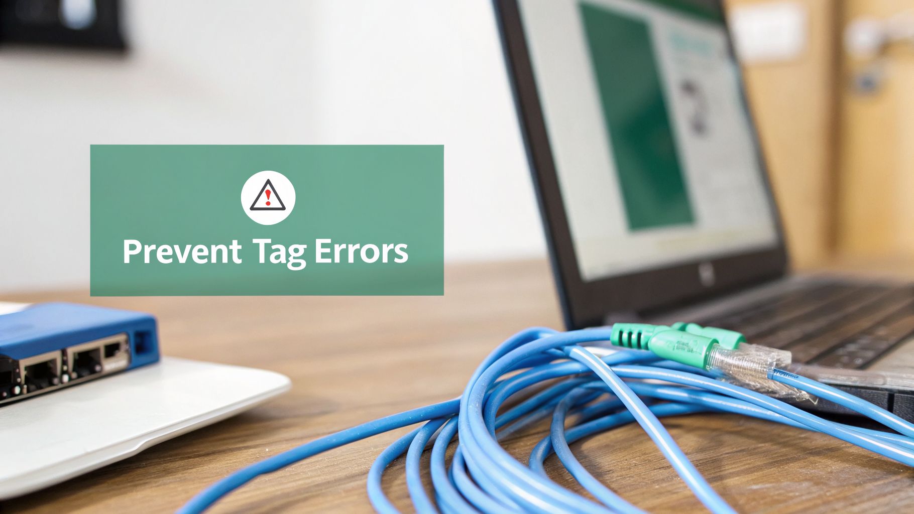 A laptop, network switch, and blue Ethernet cables on a desk with a 'Prevent Tag Errors' banner.