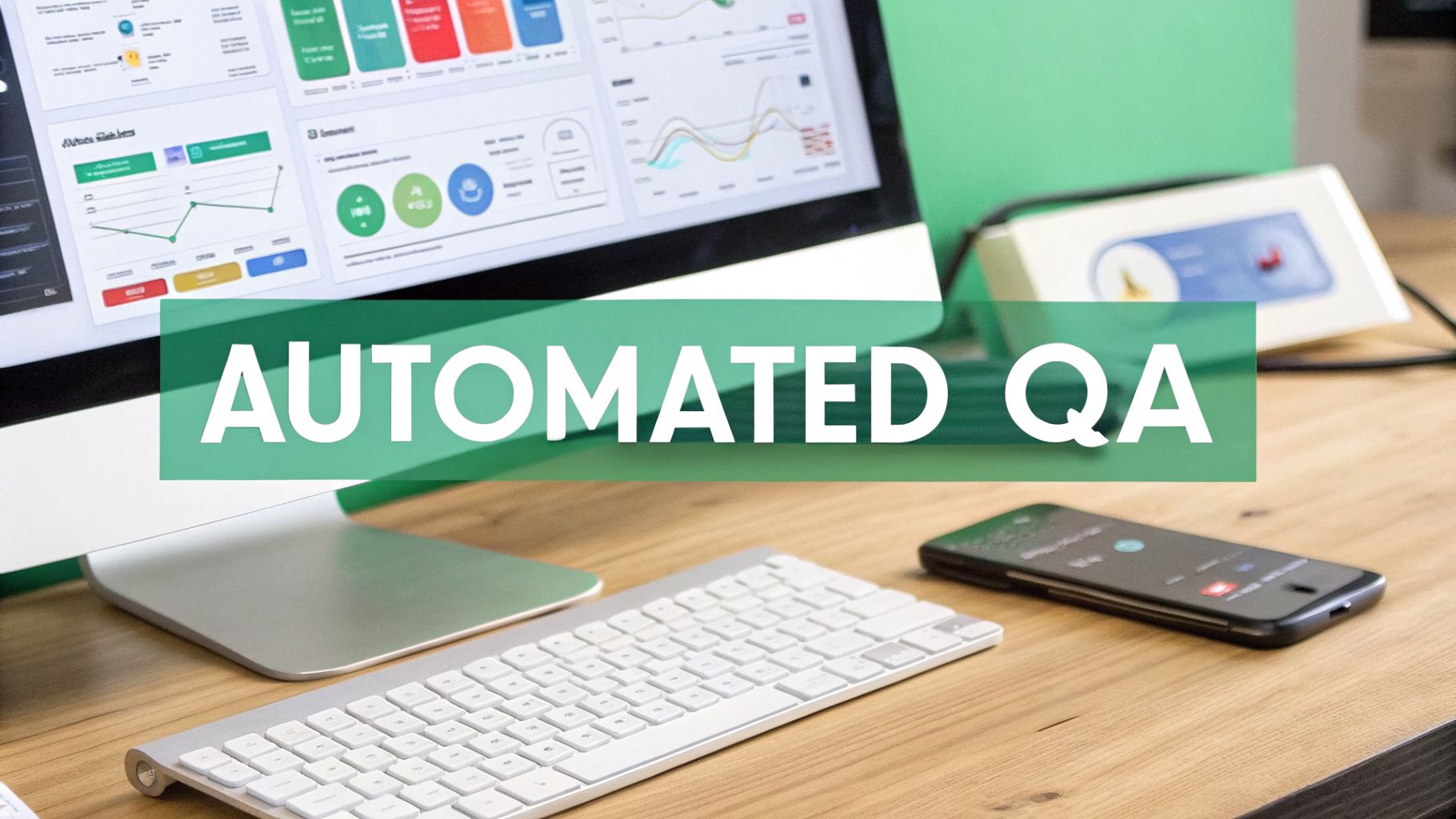 A modern desk workspace with a computer monitor showing data analytics and a 'AUTOMATED QA' banner.