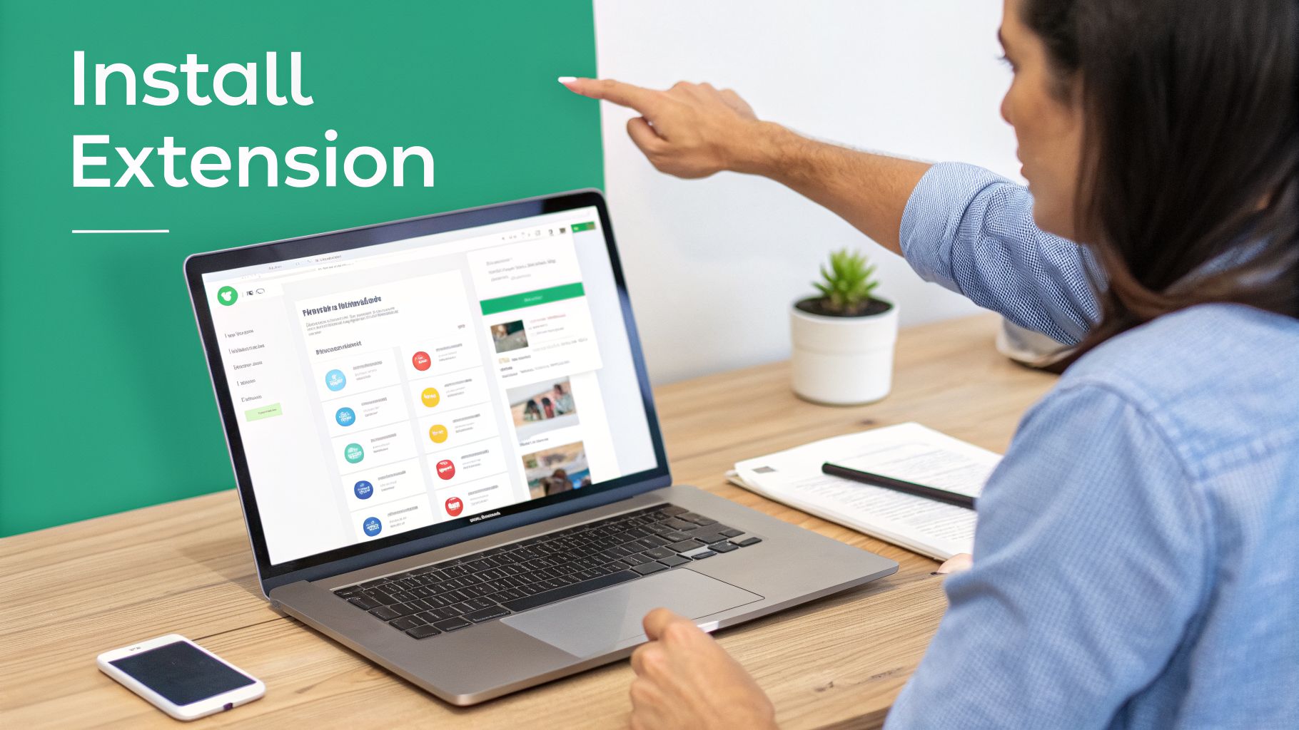 A person points to a laptop screen displaying an extension marketplace, with 'Install Extension' text on the wall.