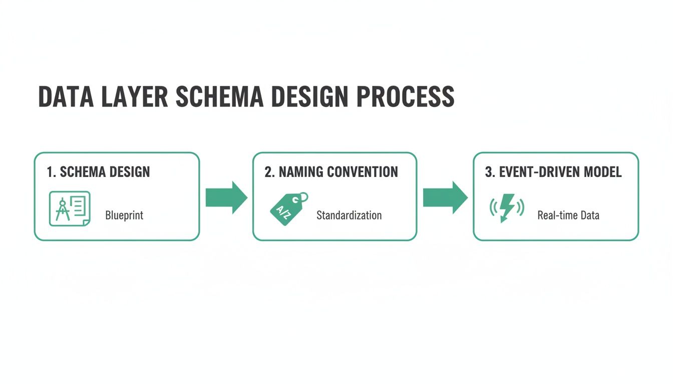 Diagram illustrating the Data Layer Schema Design Process with three key steps: Schema Design, Naming Convention, and Event-Driven Model.