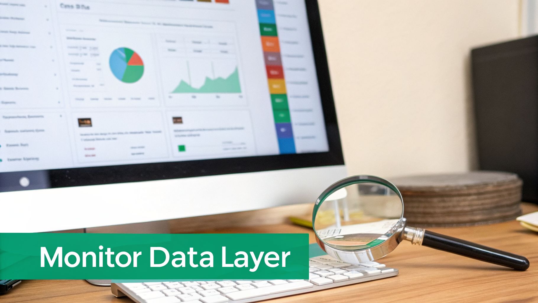Close-up of a magnifying glass on a keyboard with a computer monitor displaying data dashboards.